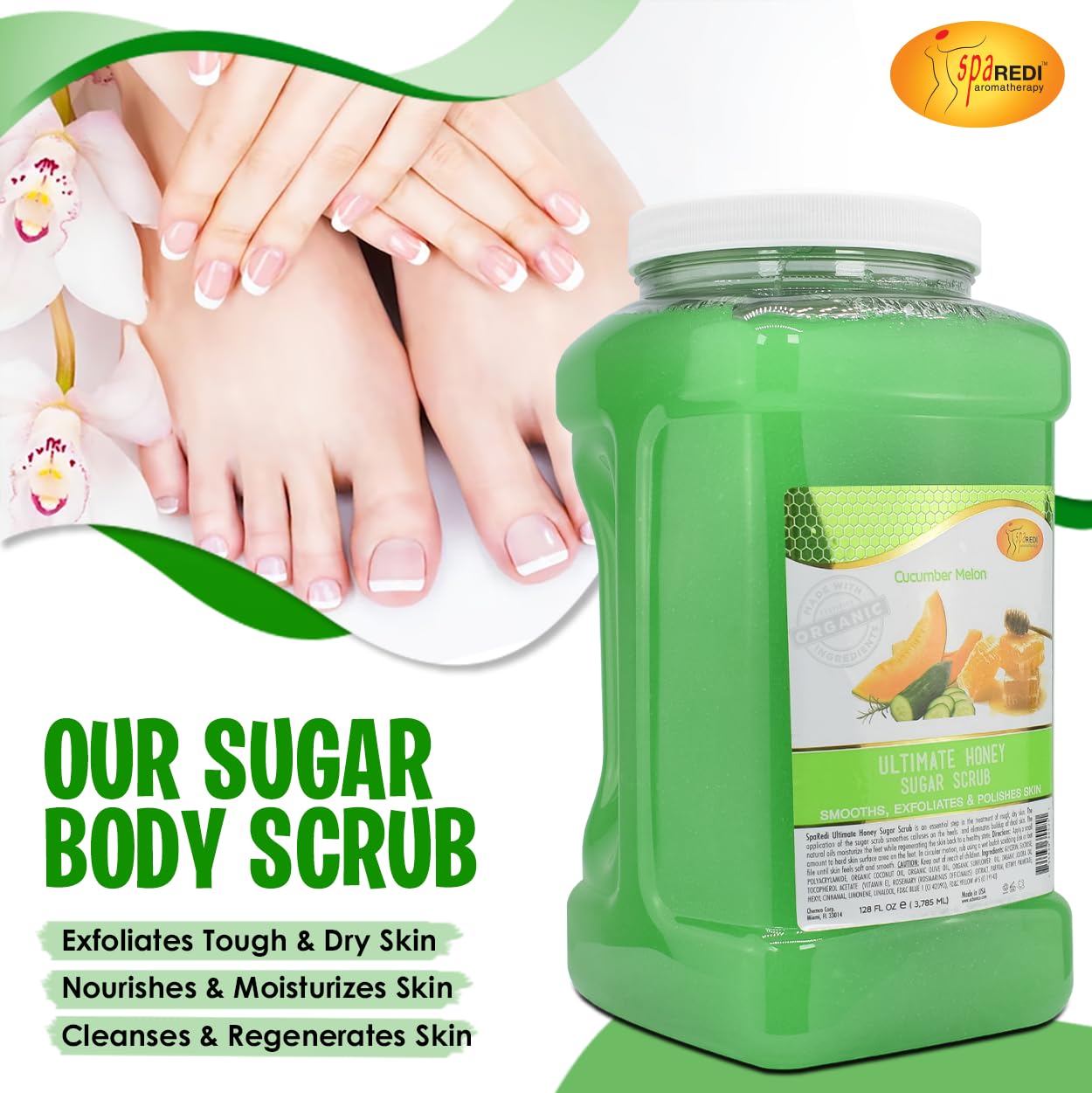 SPA REDI - Sugar Body Scrub, Honey, Cucumber Melon, 128 Oz, Exfoliating, Moisturizing, Hydrating and Nourishing, Glow, Polish, Smooth and Fresh Skin - Body Exfoliator