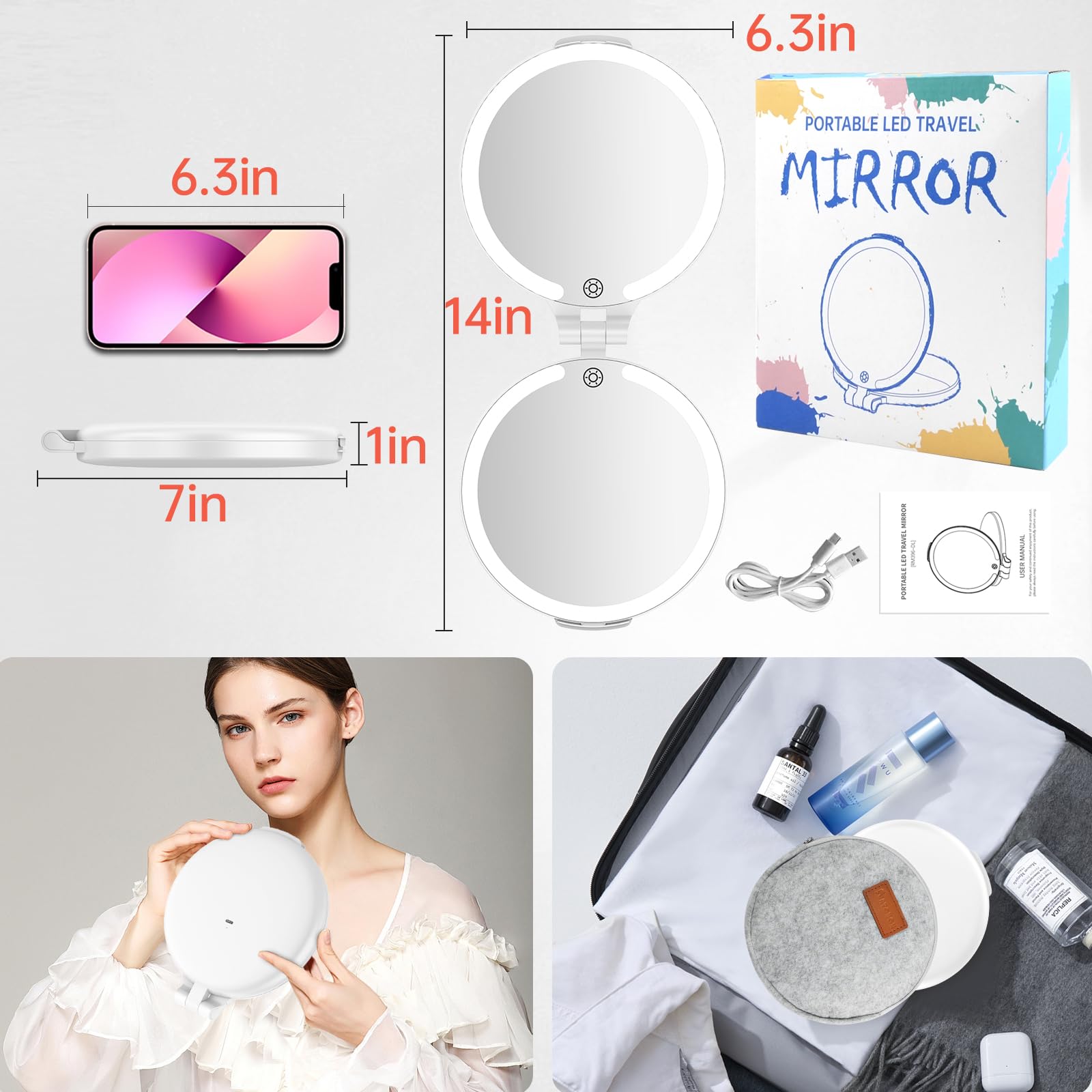 FUNTOUCH Espejo de aumento de viaje con luz, recargable 1X/10X, espejo de maquillaje de doble cara con luces, 3 modos de iluminación, plegable portátil esencial de viaje con bolsa
