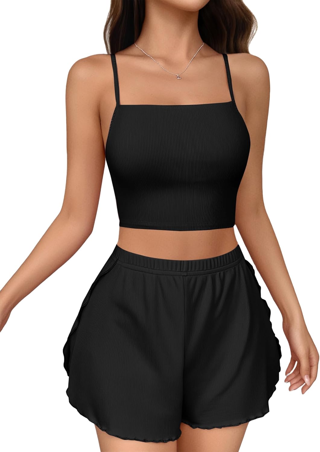 Remidoo Womens Split Short Pajama Set Ribbed Knit Cami Top Sexy Pajamas Cute Pj Sets - Image 3
