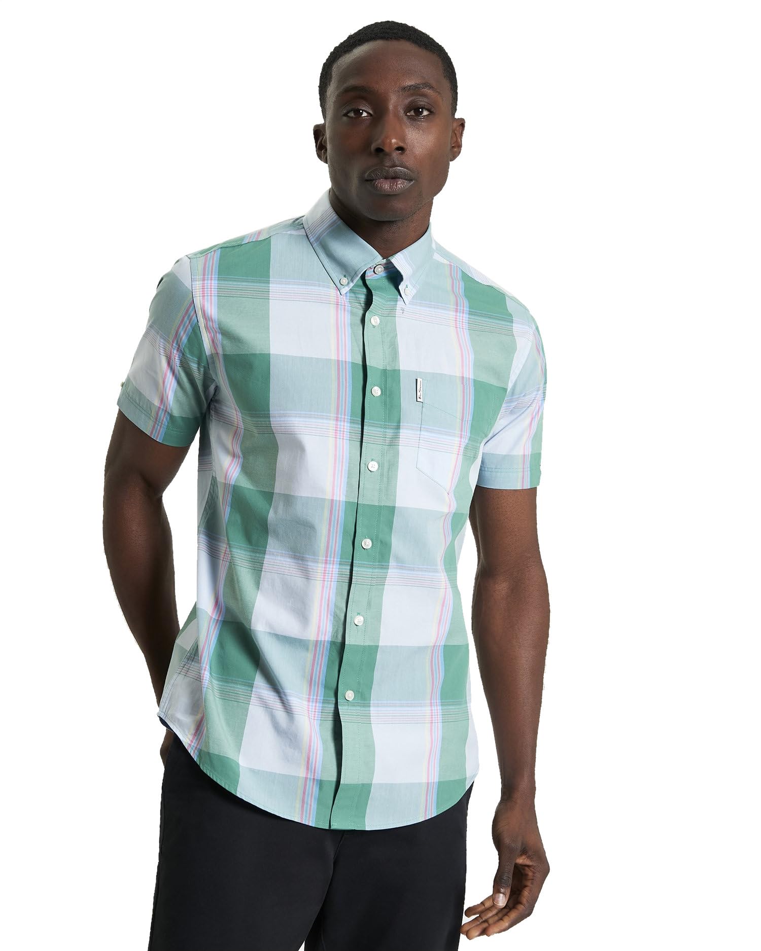 Ben Sherman Mens Multicolour Overcheck Shirt, Short Sleeved, Button-Down Collar, Mod Fit (Forest) M