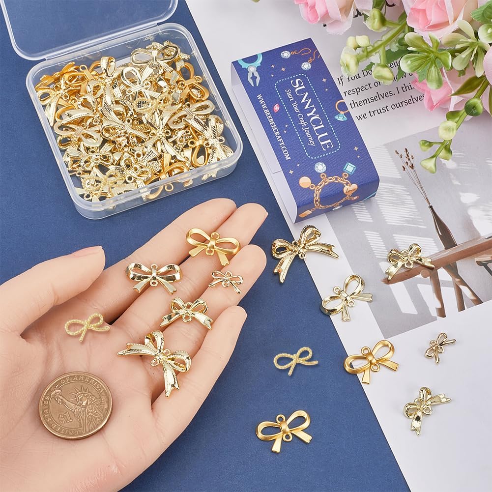 SUNNYCLUE 1 Box 60Pcs Gold Bow Connector Charm Bowknot Charms Metal Alloy Small Cute Hollow Double Loops Links Bows Charm Bulk for Jewelry Making Charms Earrings Necklace Bracelets Diy Crafts Supplies - Image 3