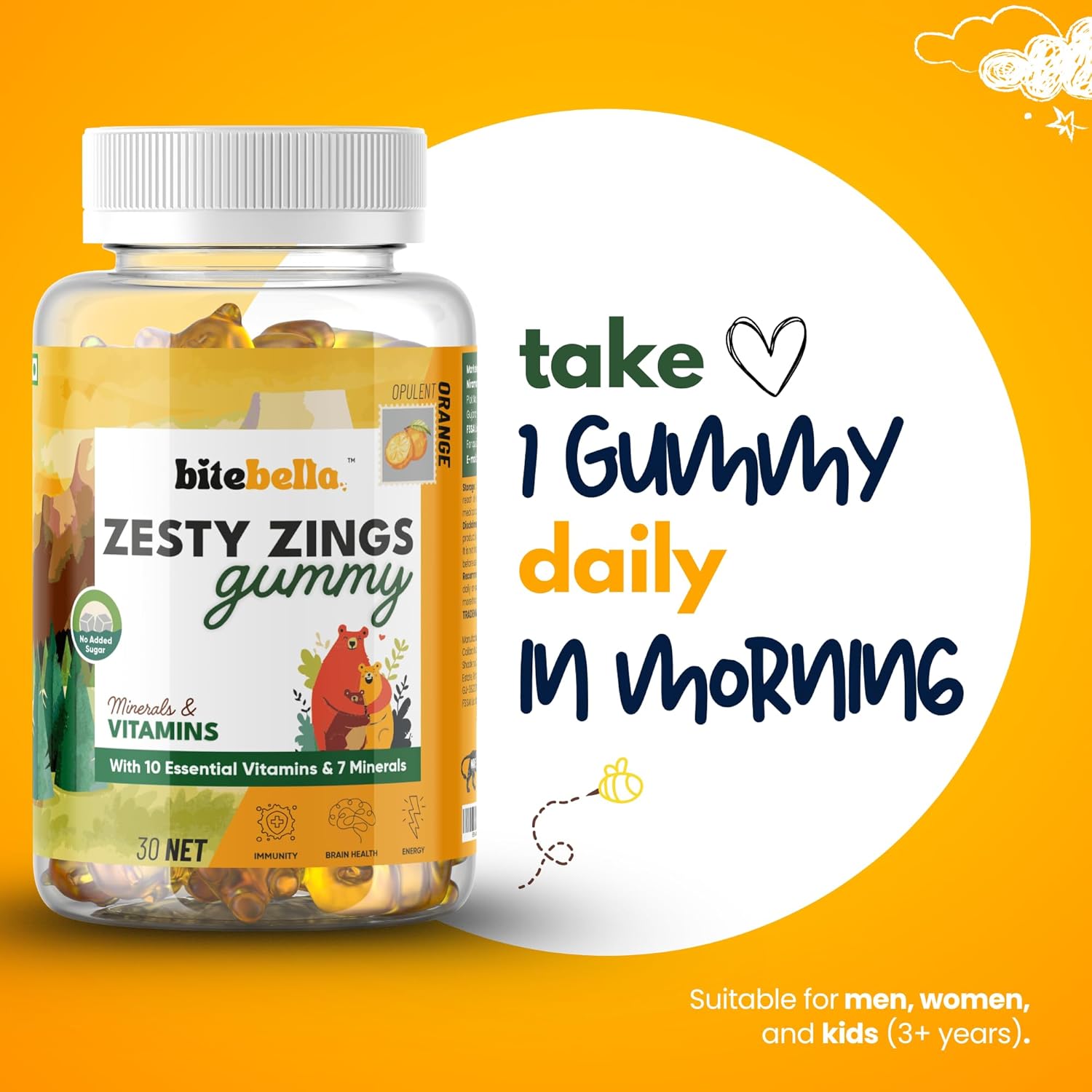 BiteBella's Zesty Zings Multivitamin Gummies | Vitamin A, C, E, D & B-Complex | With Zinc, Iodine, Inositol & Boron | Boosts Energy & Stamina, Improves Immunity & Skin Health | 30 Gummies (Pack of 1) (1) BiteBella's Zesty Zings Multivitamin Gummies | Vitamin A, C, E, D & B-Complex | With Zinc, Iodine, Inositol & Boron | Boosts Energy & Stamina, Improves Immunity & Skin Health | 30 Gummies (Pack of 1) (1)