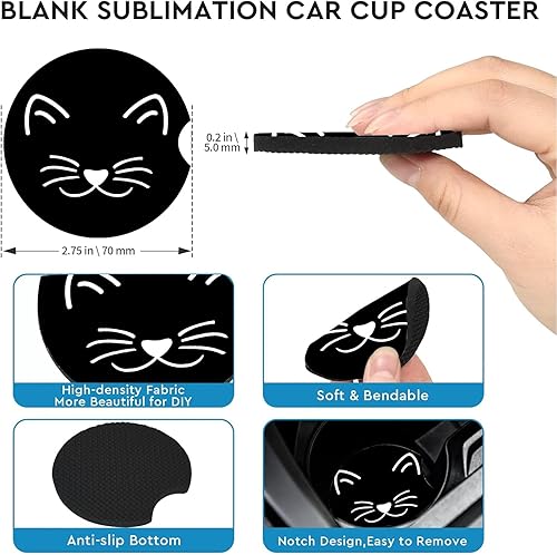 Miniatura 5 de Posavasos de automóvil para portavasos, paquete de 2 portavasos de automóvil de gato, tapete de goma antideslizante de tamaño universal de 2.75