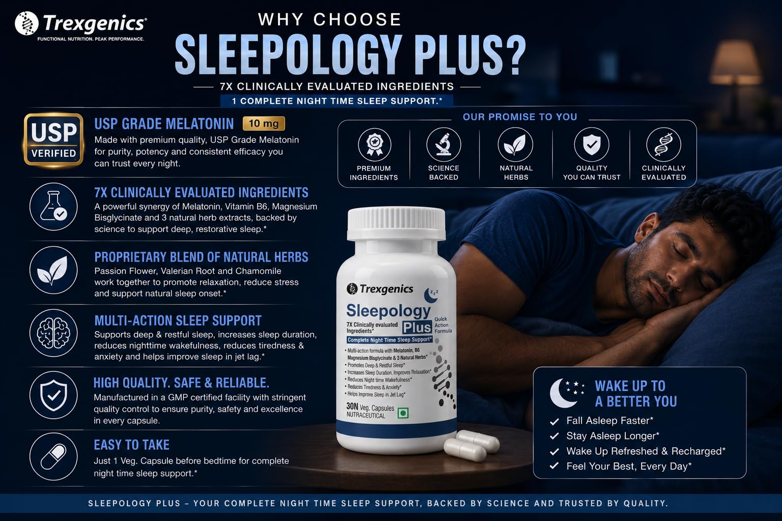 Trexgenics SLEEPOLOGY PLUS Melatonin 10 mg Sleep Support with Magnesium bisglyciante, P5P, Chamomile, Passion flower, Valerian VEGAN & NON-GMO (30 Veg. Capsules) (Pack of 1) — Amazon image 6