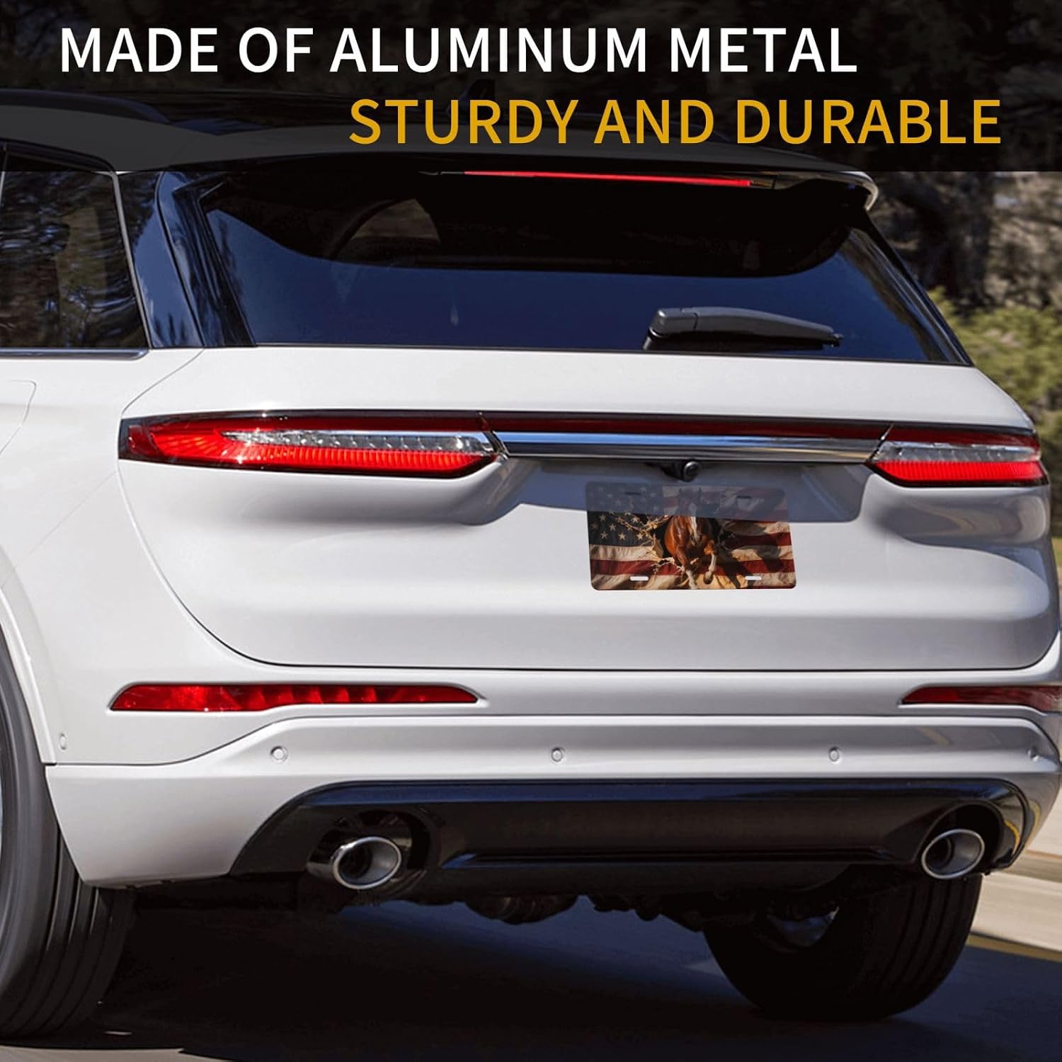 American Flag Horse Wild Cool Front License Plate 6x12 Inch | Aluminum Decorative Vanity Plate for Car Truck SUV Funny Novelty Tags for Front of Car Accessory with 4 Holes for Men Women