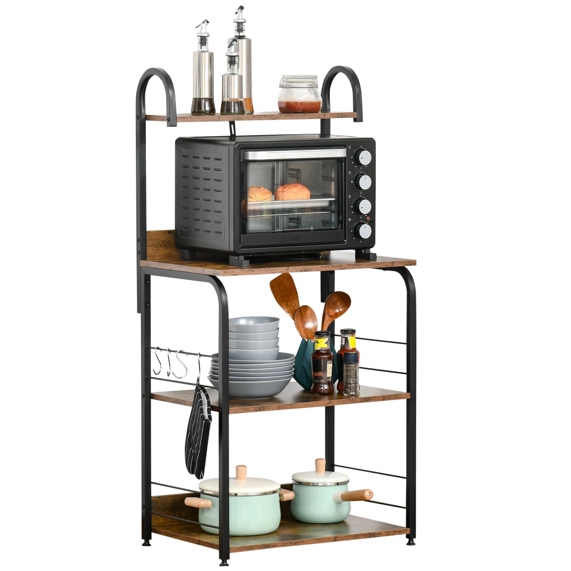 Rackhams Brown 4-Tier Baker's Rack With Storage, Microwave Stand With 4 Hooks - 60 X 40 X 125 Cm - Rustic - 1