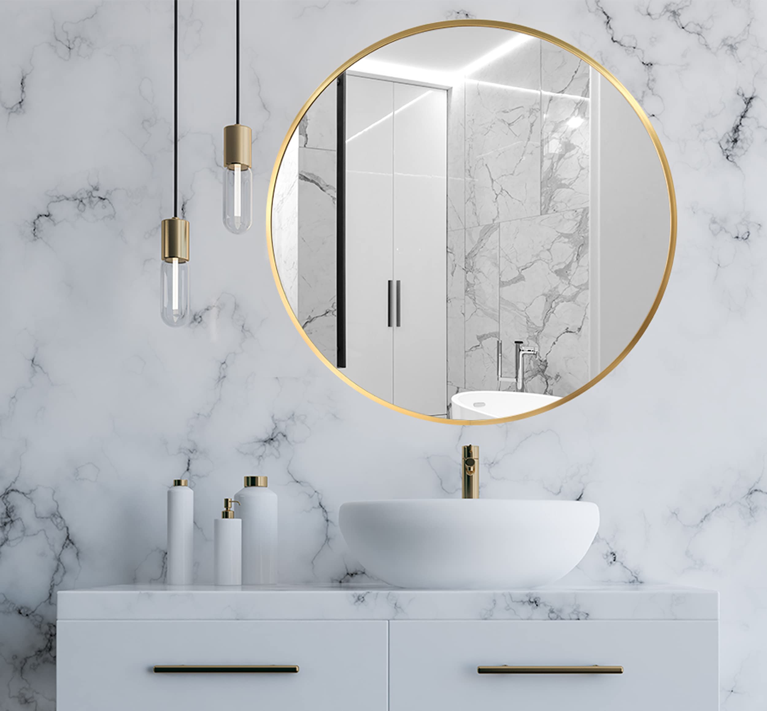 Buy Gold Circle Wall Mirror 32 Inch, Decorative Large Round Mirror for Home and Bathroom Wall