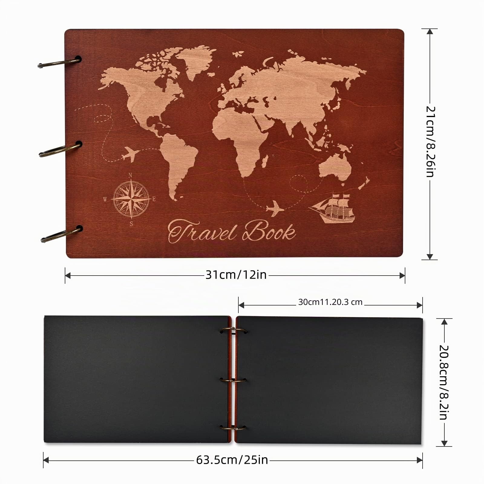 Scrapbooking Album Foto-Album Fotografico Viaggi di Legno 100 Pagine, DIY Album di Foto Kit Autoadesivo, Scrapbook Mappa del Mondo, Album Fotografico Regalo Vintage per Diario di Viaggio, Compleanno