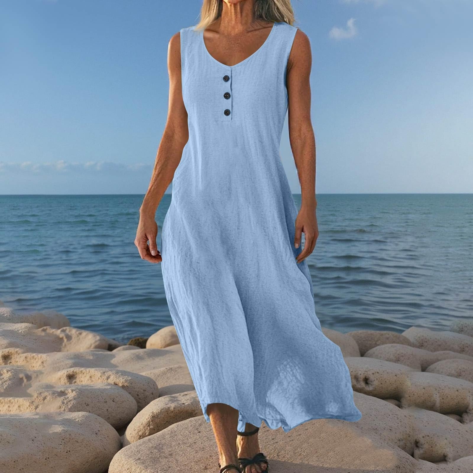 Linen Dresses for Women 2025 Summer Sleeveless Flowy Loose Maxi Sundress Beach Vacation Boat Neck Button Down Gauze Dress Short Sundresses for Women Over 50 Bohemain Cover Up Cotton Tank Dress