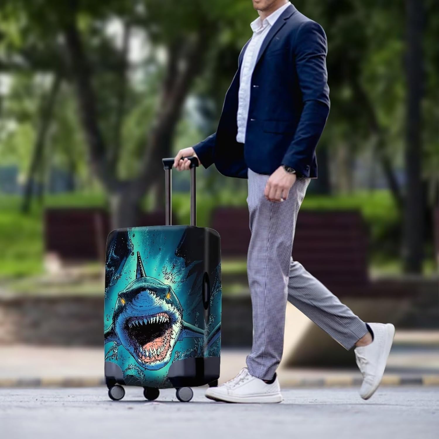 Shark Luggaga Cover for Suitcase Elastic Spandex Suitcase Cover Travel Luggage Covers Fit 30-32 Inch Cool Animal Print Travel Essential Carry on Suitcase Covers with Zipper