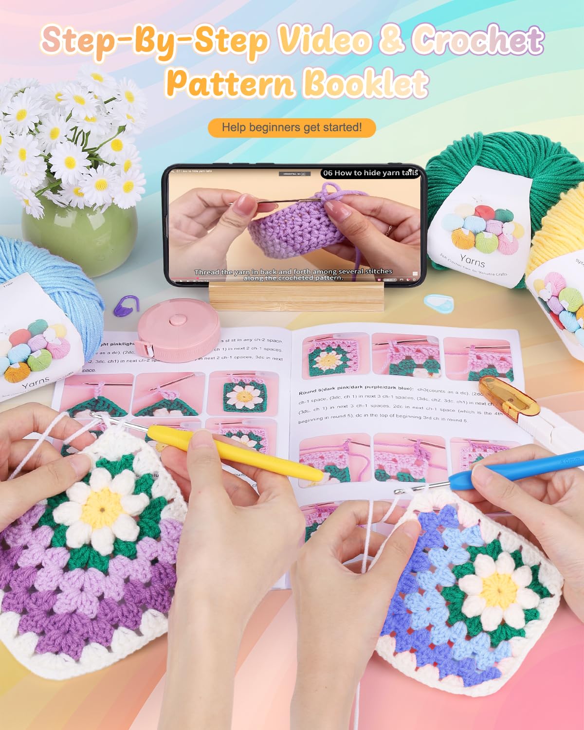 Coopay Kit Crochet Debutant Complet pour Granny Square avec Pelotes de Laine Crochet à Crocheter Couverture, Vidéo Tutoriel, Cadeau de Crochets Tricot - Bleu