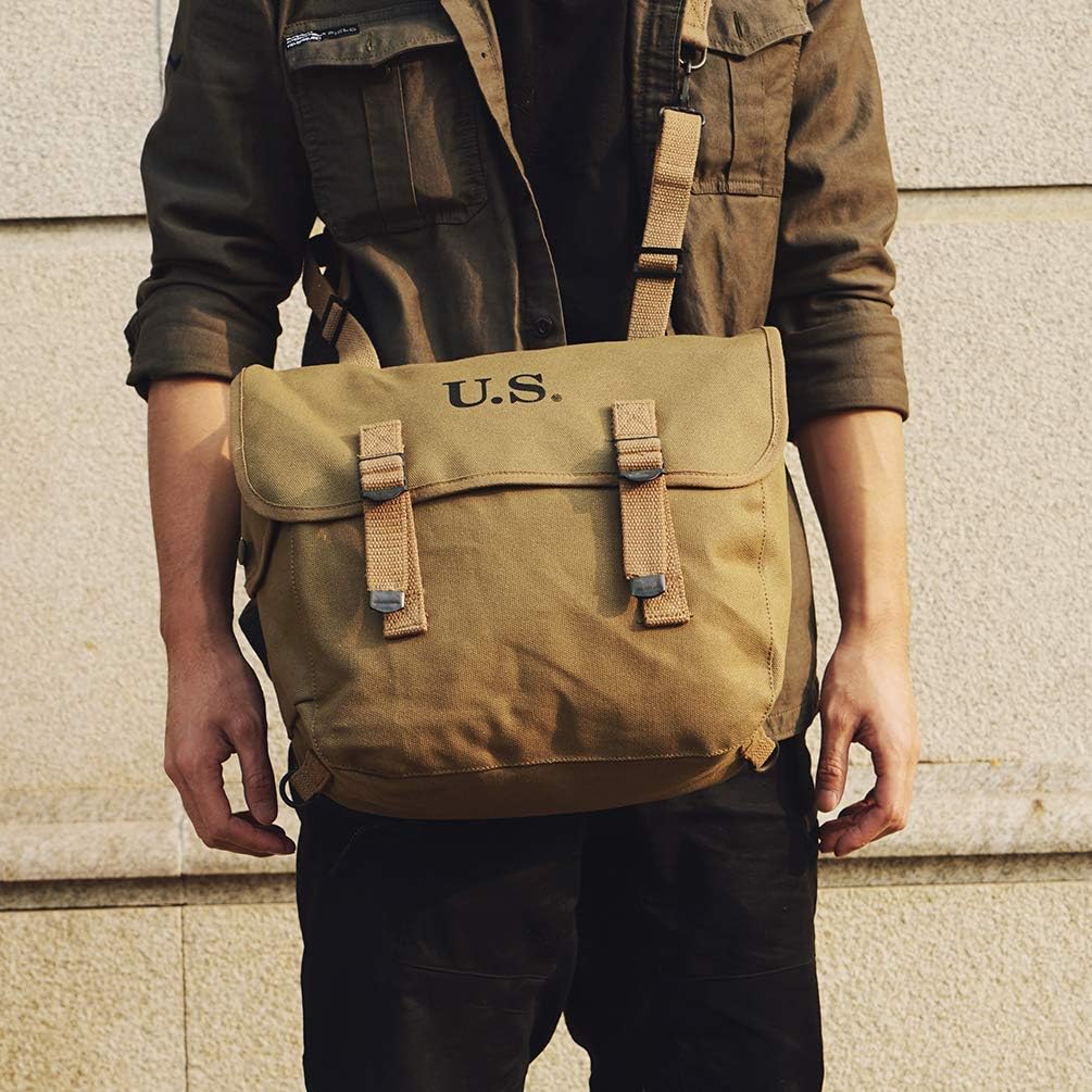 WW2 US Army M1936 Messenger Bag, Vintage Canvas Military Shoulder Bag, Tactical Musette Satchel, 12 Inch Crossbody Haversack