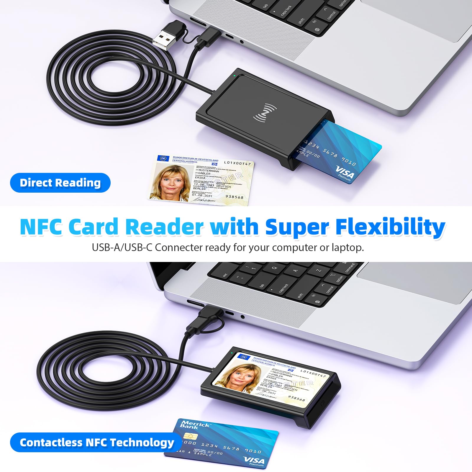 2IN1 USB-A & USB-C Chipkartenleser mit NFC, USB Smart Card Reader Kartenlesegerät DOD Military Kartenleser für den neuen Personalausweis Bankkarten kompatibel mit Windows, Linux, Android,95cm Kabel
