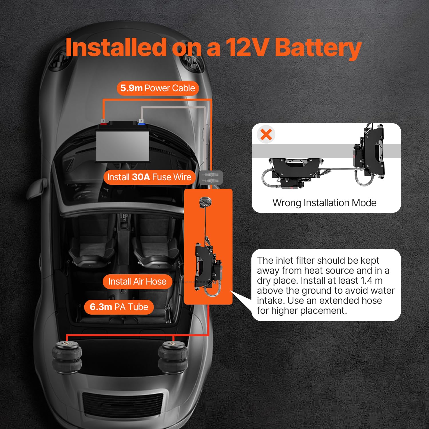 VEVOR Kit de Controlador de Amortiguador de Aire Sistema de Compresor de Aire Inalámbrico 12 V 100 PSI Kit de Compresor de Suspensión Neumática Sistema de Ruta Única Línea de Aire para Camioneta