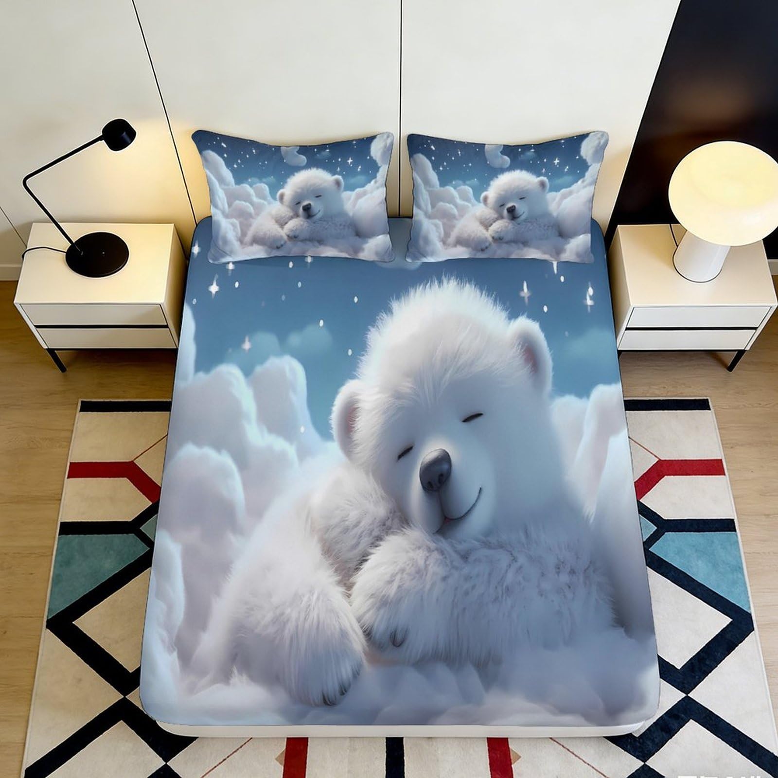 3D Printed Dreamy Polar Bear Fitted Sheet Microfiber Soft Blue Clouds Mattress Cover for Bedroom Dorm Mattress Protection Decor 90x200x25cm