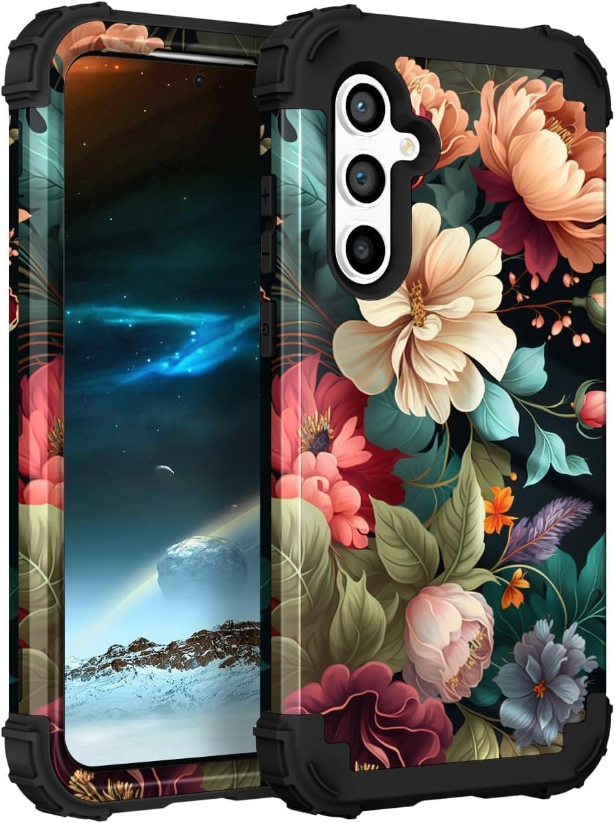 PIXIU Unique Flower Pattern Compatible with Samsung Galaxy S24 FE case, Heavy Duty Dual Layer Shockproof Full-Body Protective Sturdy Hybrid Cute Rugged Case for Women,Girls,Kids-Black Floral