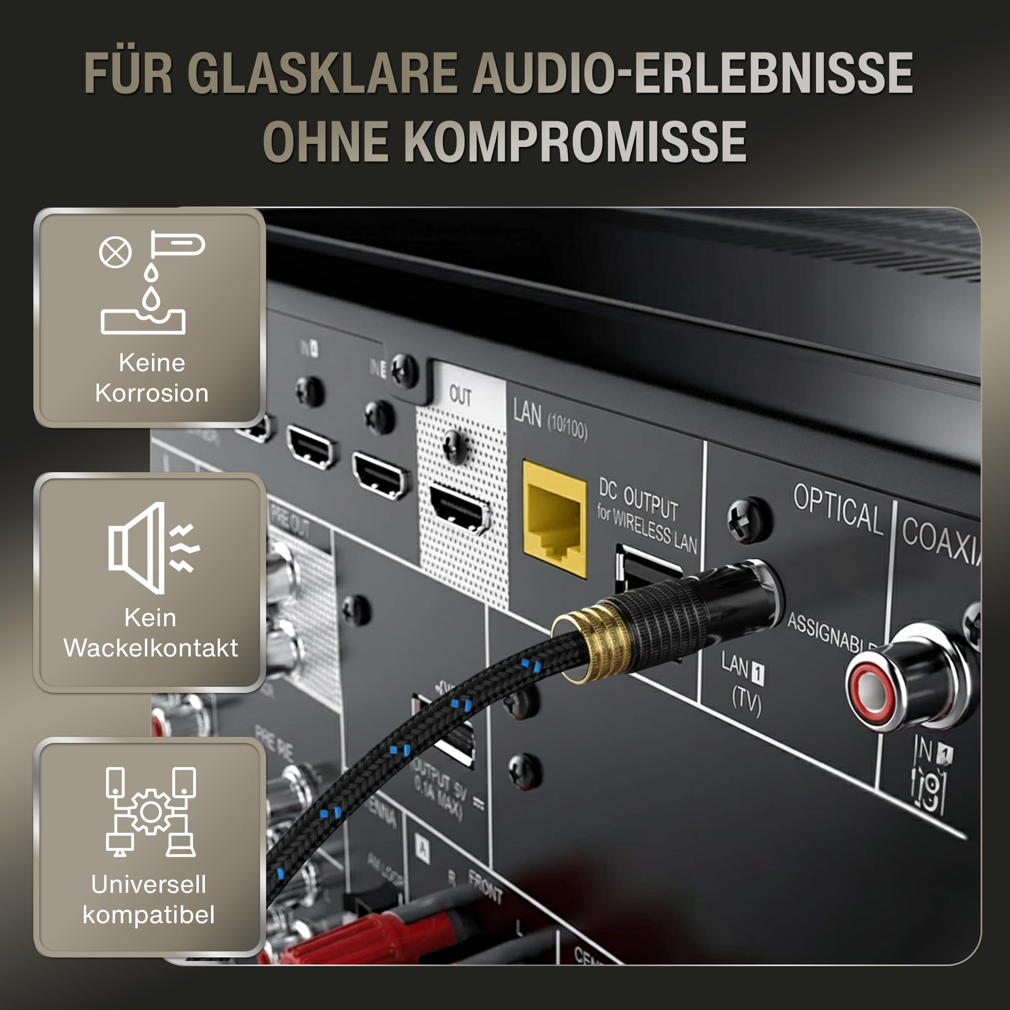 audio pirates Câble audio optique Toslink & câble numérique – Câble optique et Spdif 24 K plaqué or, boîtier en métal OD 5,0 mm, noir/bleu (lot de 2 – 10 mètres)
