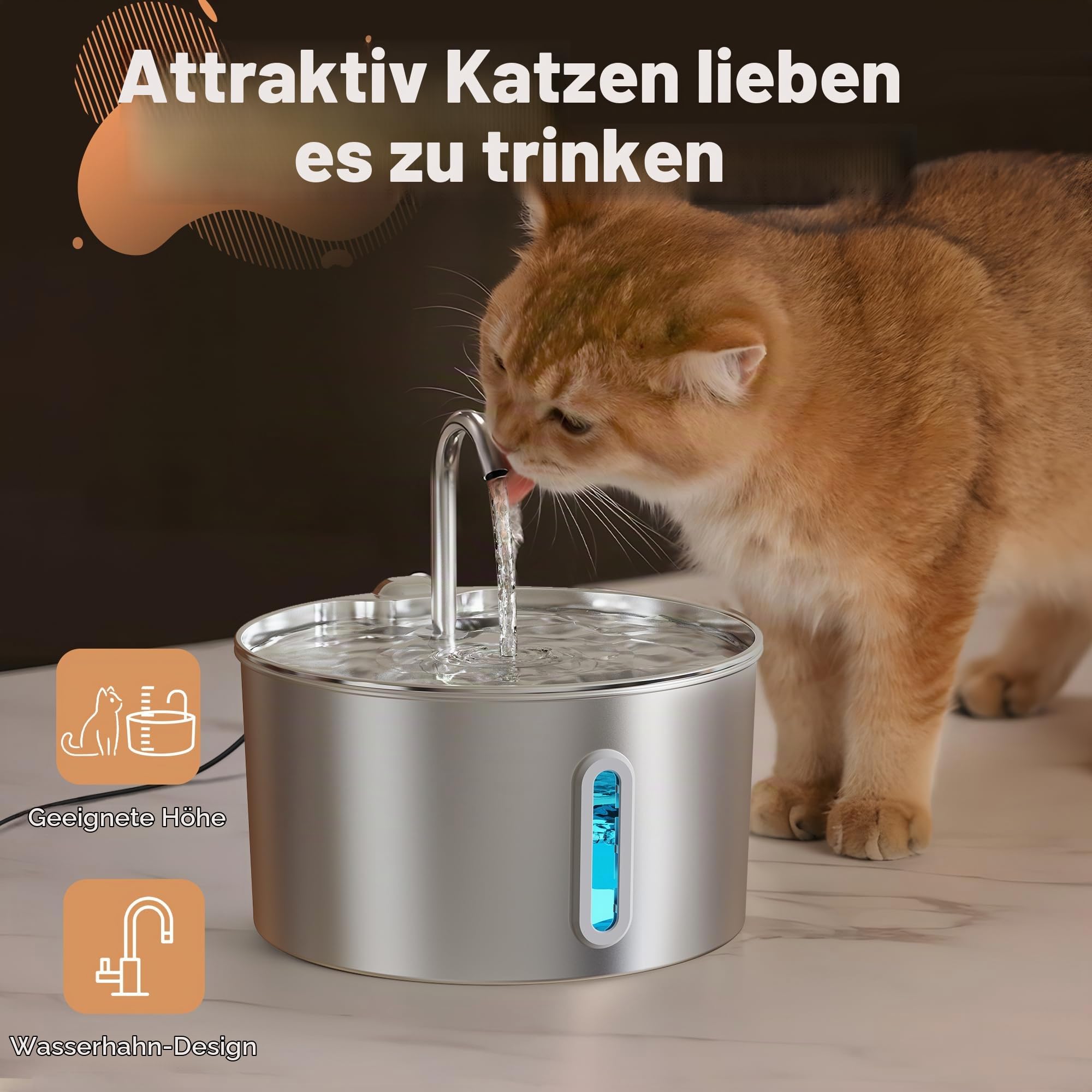 2,2 L Katzenbrunnen Edelstahl Trinkbrunnen für Katze 6 Filter + 3 Schwämme | Automatic Katzentrinkbrunnen mit Wasserstandsfenster, Wasserhahn, Ultra-Leise Pumpe, Haustierbrunnen für Kleine Hunde