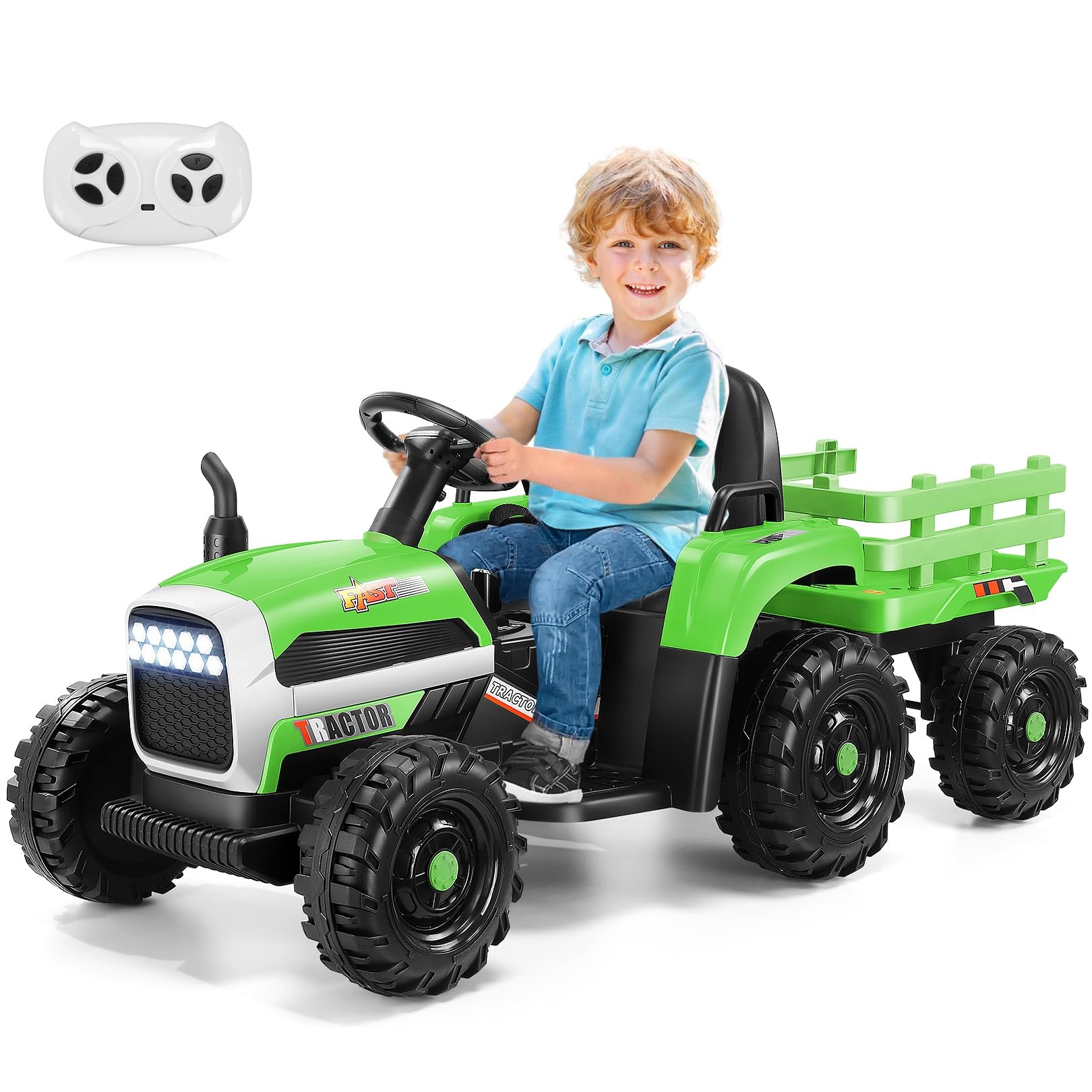 Hikole 12V Toddler Tractor with Remote Control, Kids Ride on Car with Trailer, Bluetooth&USB, 2x30W Dual Motor, 3-Gear-Shift 11-LED Lights, Horn, MP3 Audio, Music, Safety Belt- Green