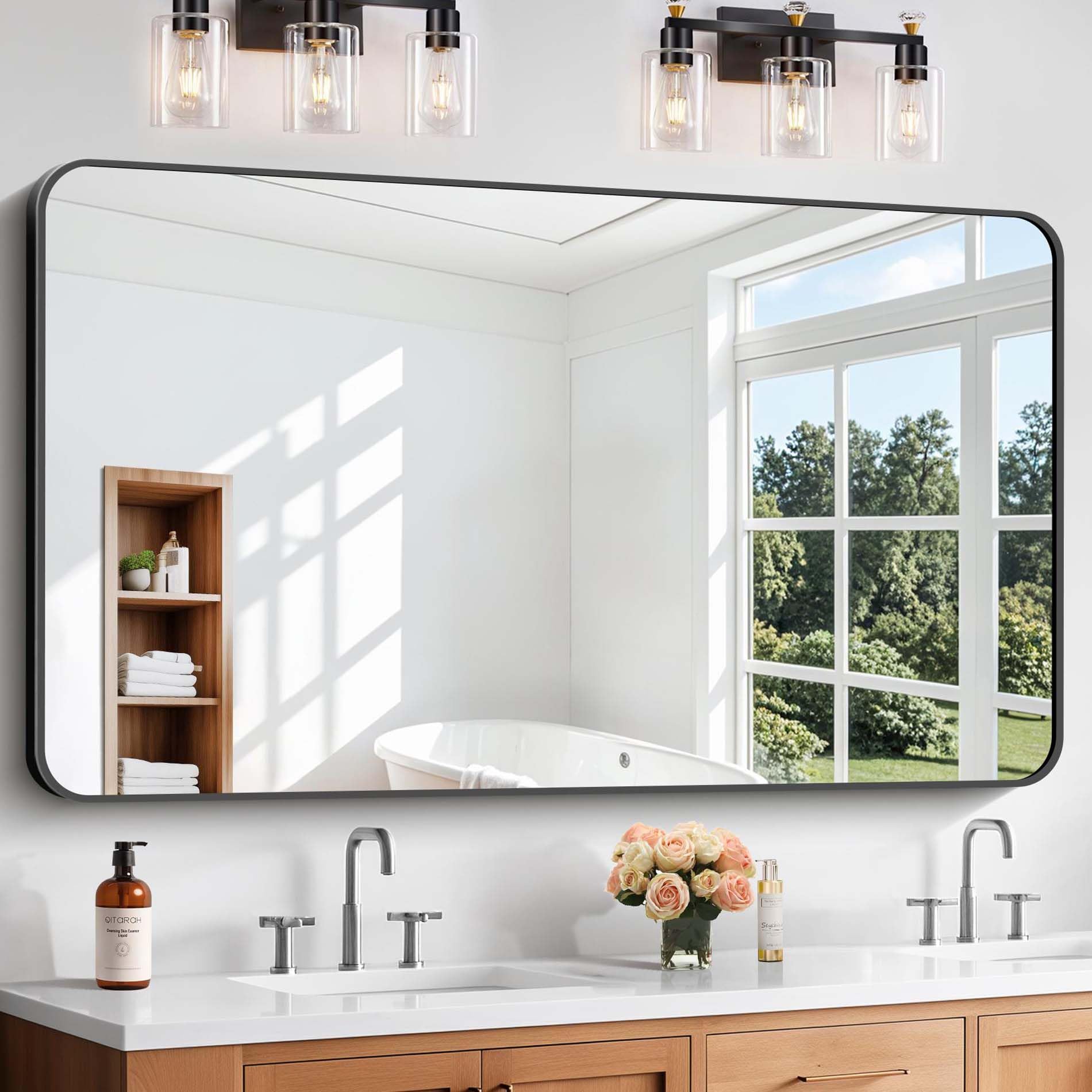 WEER Specchio da bagno con cornice in metallo spazzolato color bronzo, 71 x 91,44 cm, rettangolare, arrotondato, in vetro temperato, antiruggine (orizzontale/verticale