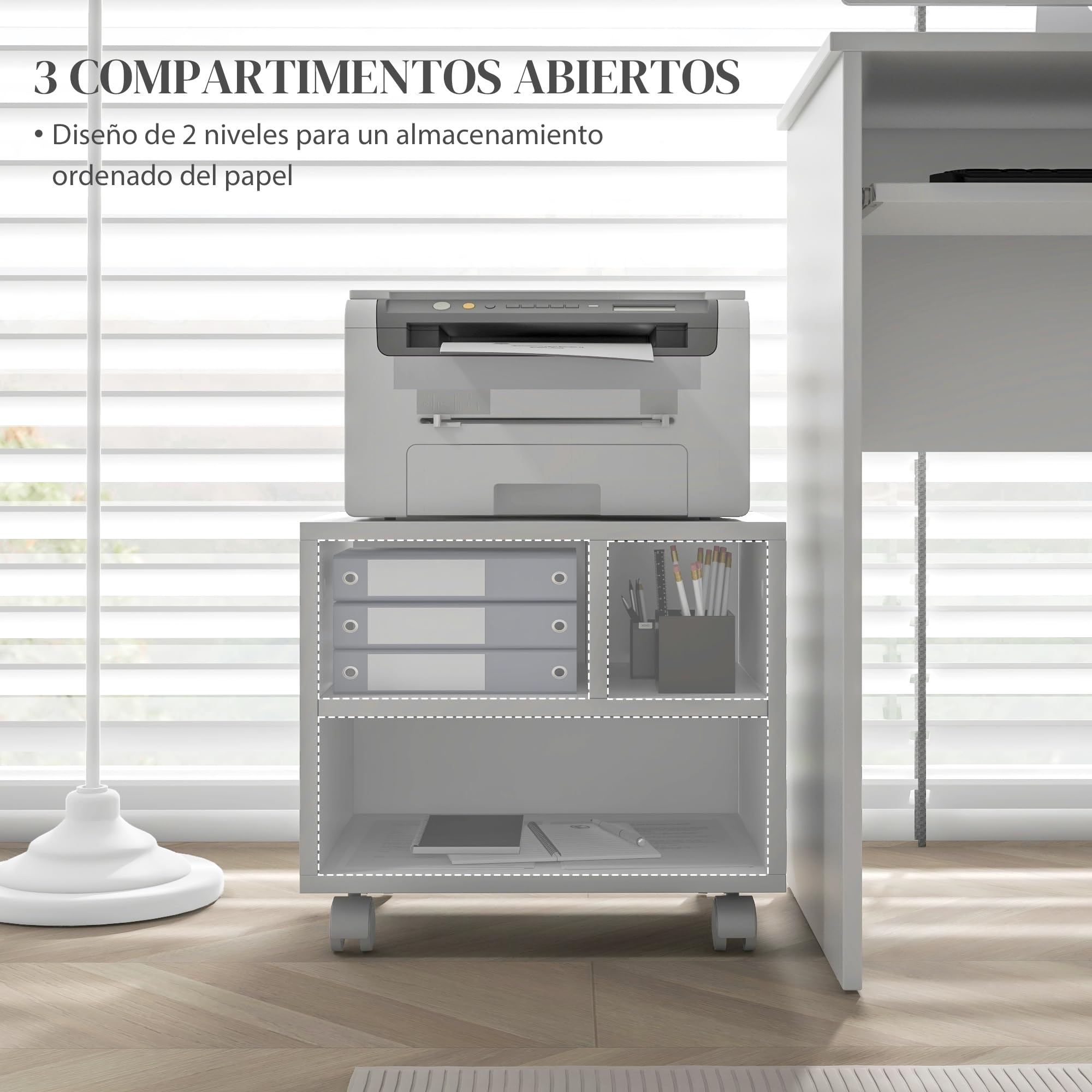 HOMCOM Mueble de Impresora con Ruedas Soporte de Impresora con Compartimentos Abiertos para Oficina Estudio 40x30x36 cm Blanco