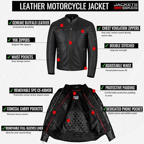 Miniatura 5 de Revolt - Chaqueta de cuero de búfalo natural de alta calidad para hombre, ventilada, flexible, armadura CE, forro extraíble, bolsillos interiores,