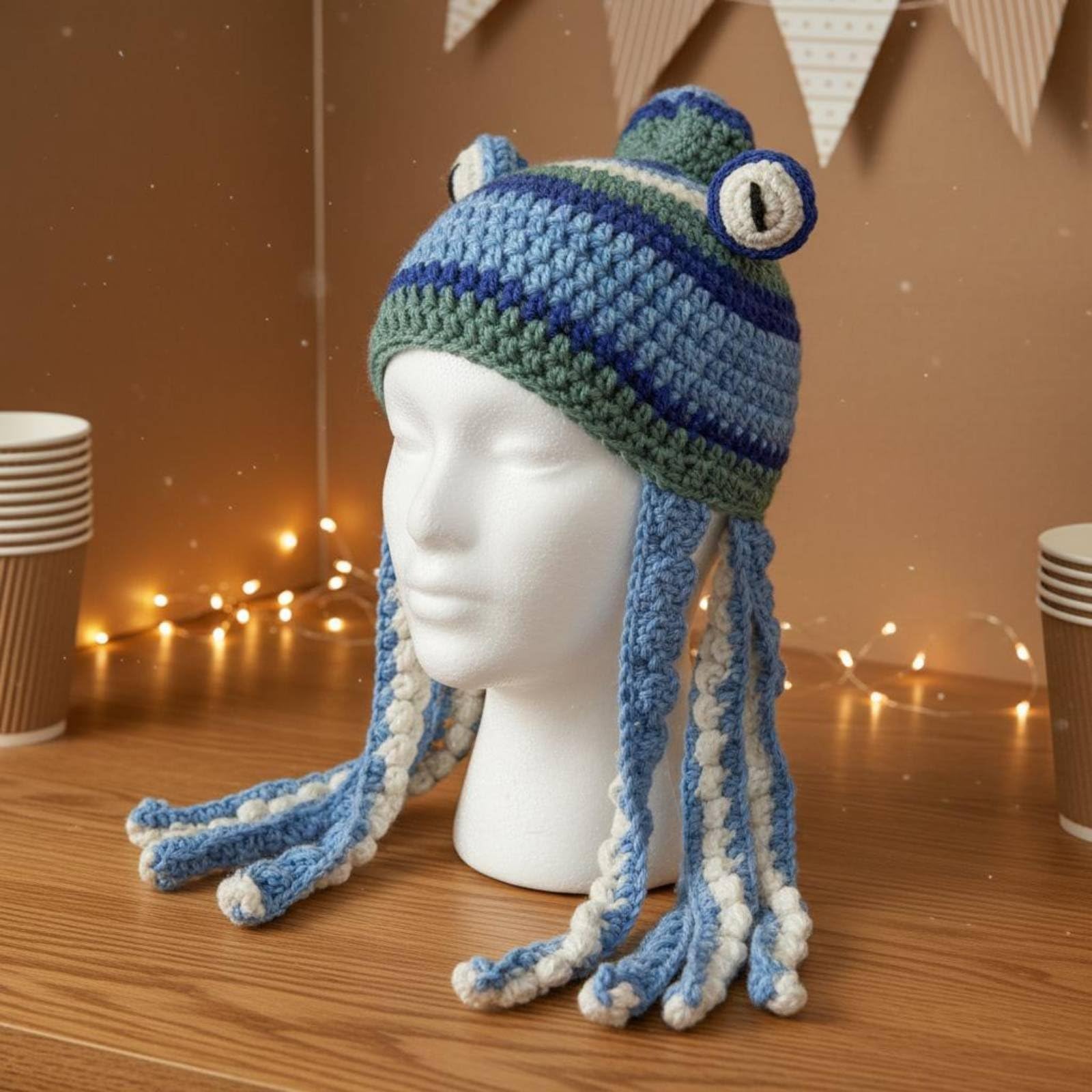 Gorra Pulpo Adulto Sombrero Pulpo Gorro Calamar Beanie Tentáculos Ojos 3D Tema Marino Poliéster Suave Crochet Tradicional Abrigo Cabeza Adecuado para, Negro, Adulto 56-60cm