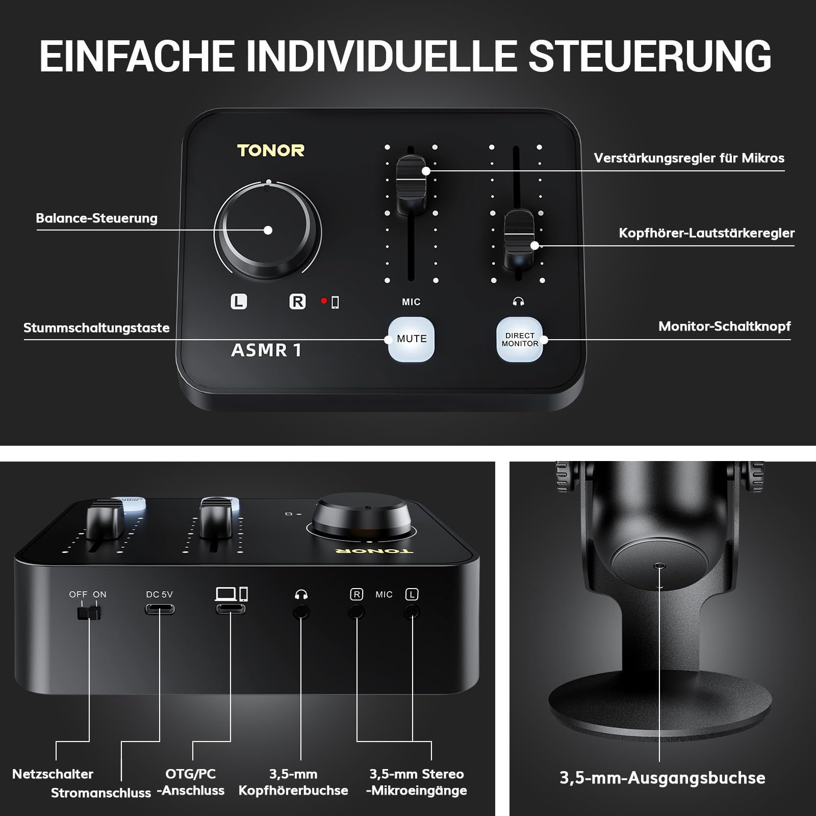 TONOR Podcast Mikrofon Set mit Audio Interface, ASMR Mikrofon, 2 Kondensatormikrofone, Audio Mixer, Lautstärkeregler, 3D Stereoklang, mit Fell-Windschutz, USB Microphone für PC/Handy, Schwarz