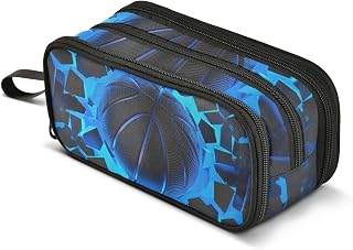 3d Basketball Blue Lighting Pencil Case Box Boys Girls Large Pencil Pouch with Zipper Compartments Big Capacity Stationery Pen Bag Organizer for Kids Teens Adults School