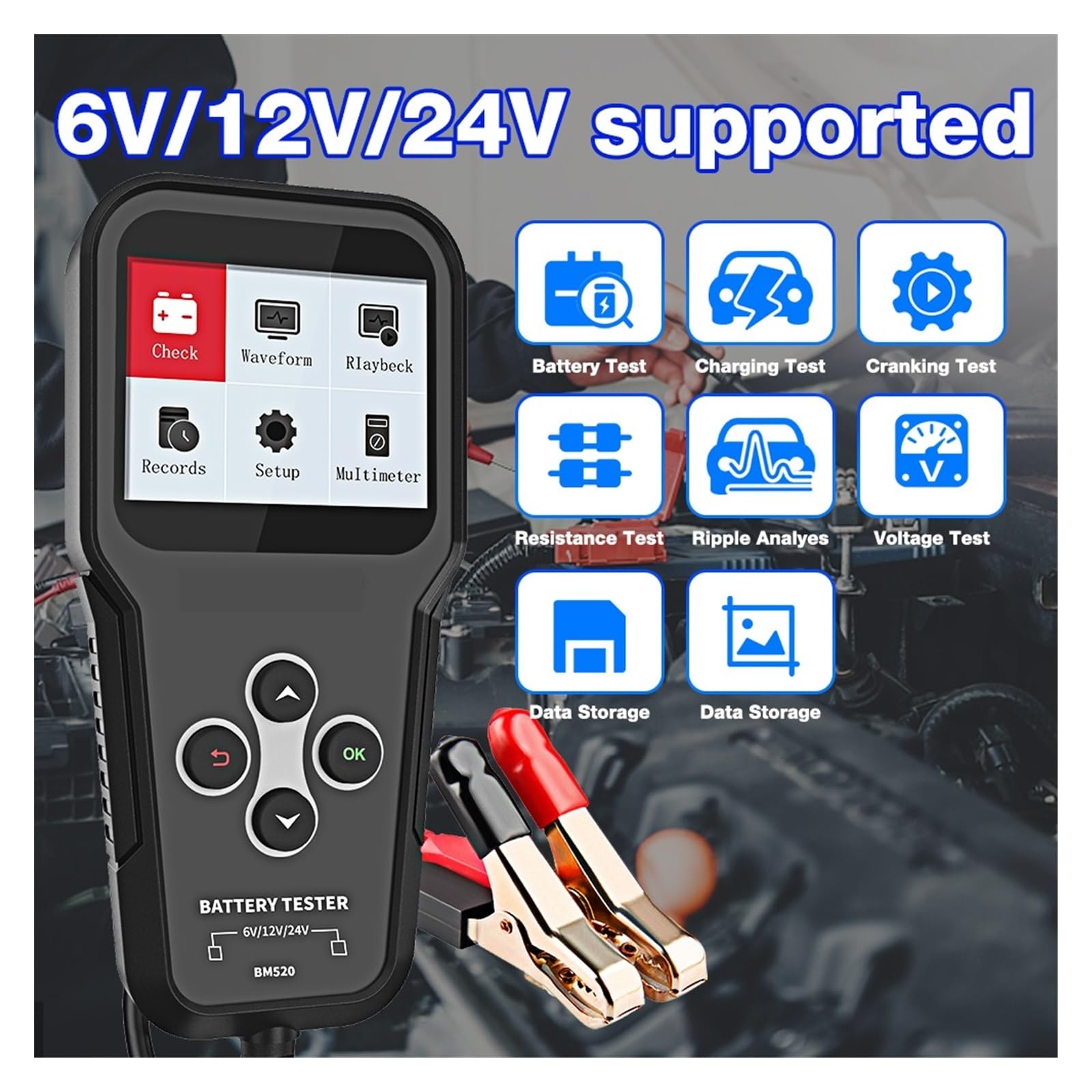 Tester Batteria for Auto 6V 12V 24V, Tester di Tensione 100-2000 CCA 2Ah-220Ah Tester di Resistenza Interna Analizzatore di Batteria
