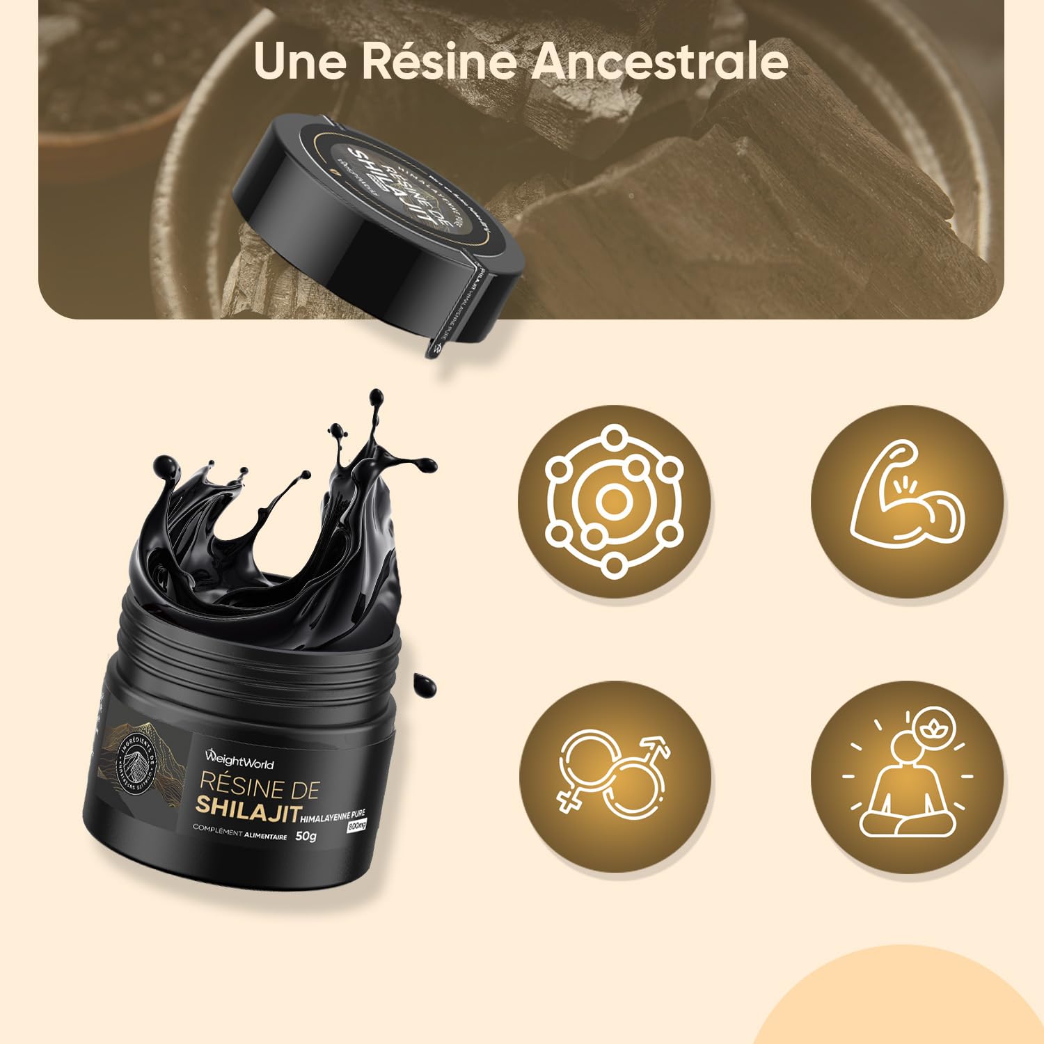 Resine de Shilajit Himalaya Vegan 50g avec 87% d'Acide Fulvique, sans OGM, sans Gluten, 800 mg par Portion, Alternative au Shilajit Himalaya Bio et aux Gélules, Cuillère Incluse