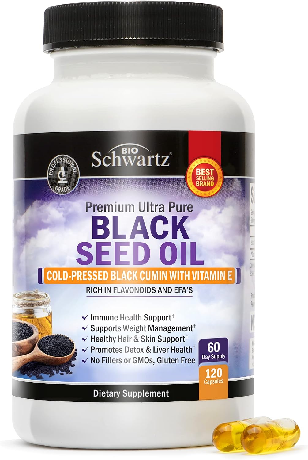 Black Cumin Seed Oil Capsules - 1000mg Ultra Pure Cold Pressed Black Seed Oil Pills with Vitamin E for Hair Growth &amp; Liver Support - Vegan Sativa