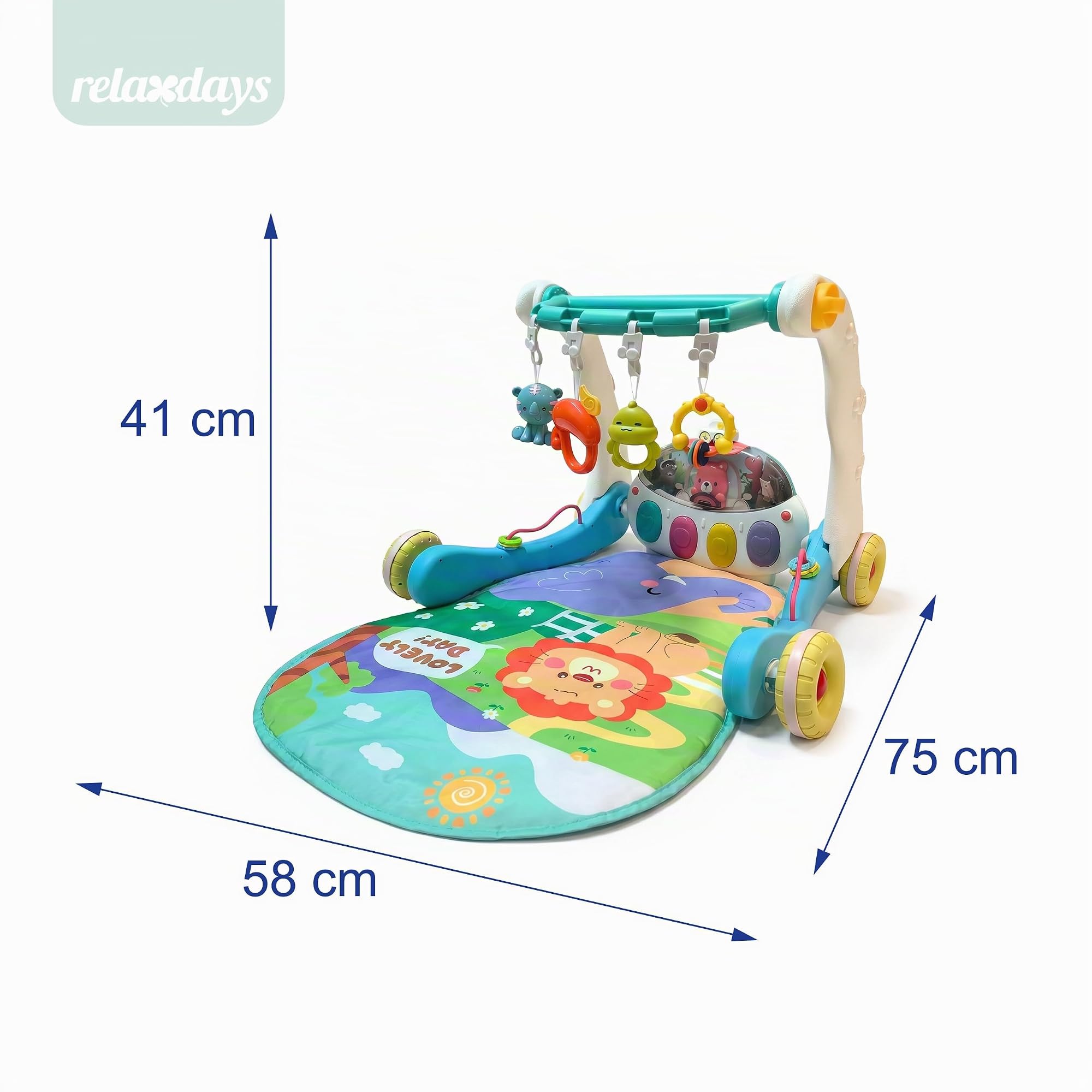 Relaxdays Spielbogen, mit Spielzeug, Rollen, Musik & Licht, blau | HBT: 41 x 58 x 75 cm, Baby Gym, Krabbeldecke Dschungel