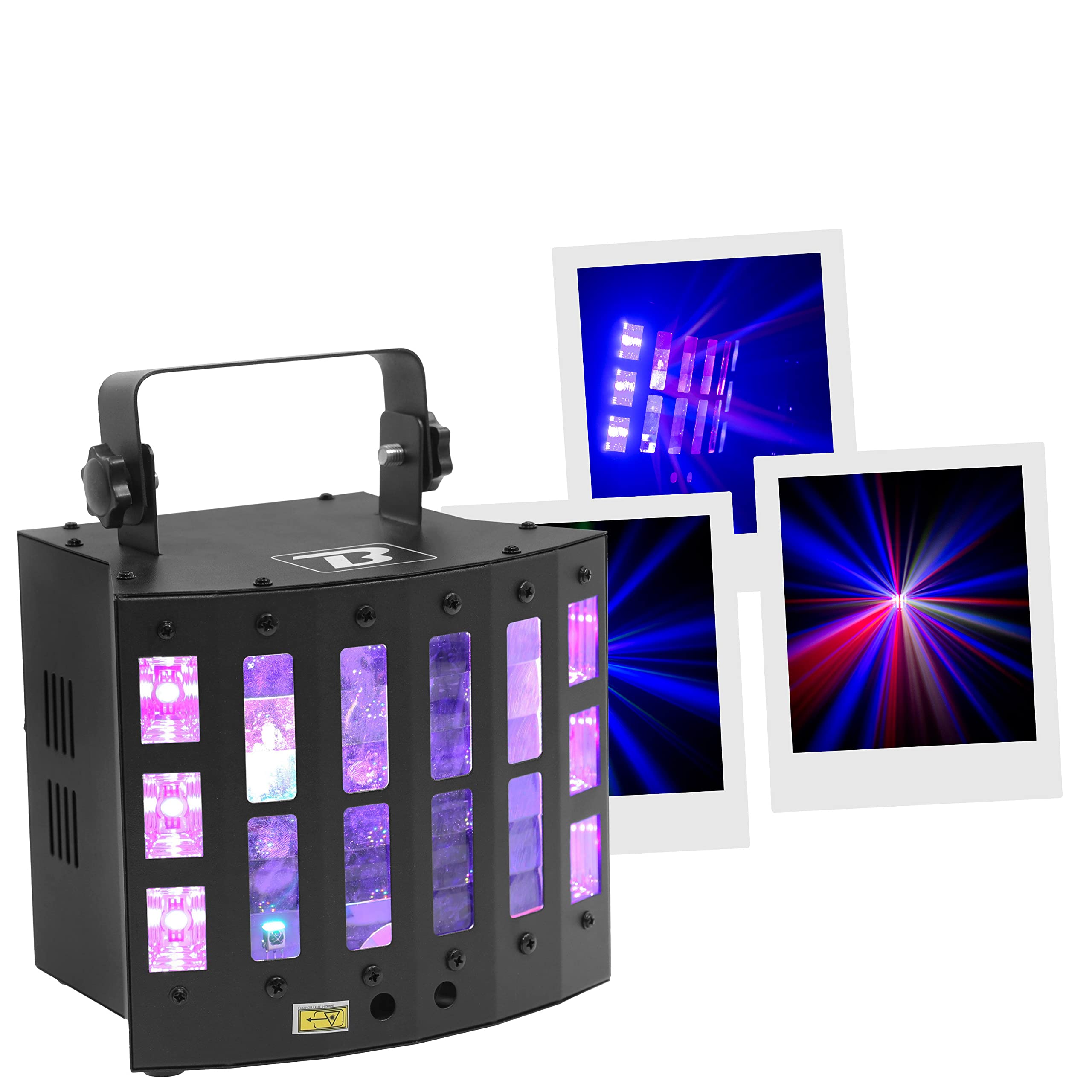 BoomToneDJ DerbyFX 4-en-1 Derby LED RGBWAPY 9x3W, UV Stroboscope, LZR rouge et vert. Jeux de lumière, Eclairage soirée DJ. Contrôle DMX, shows automatiques, détection musicale. Télécommande fournie