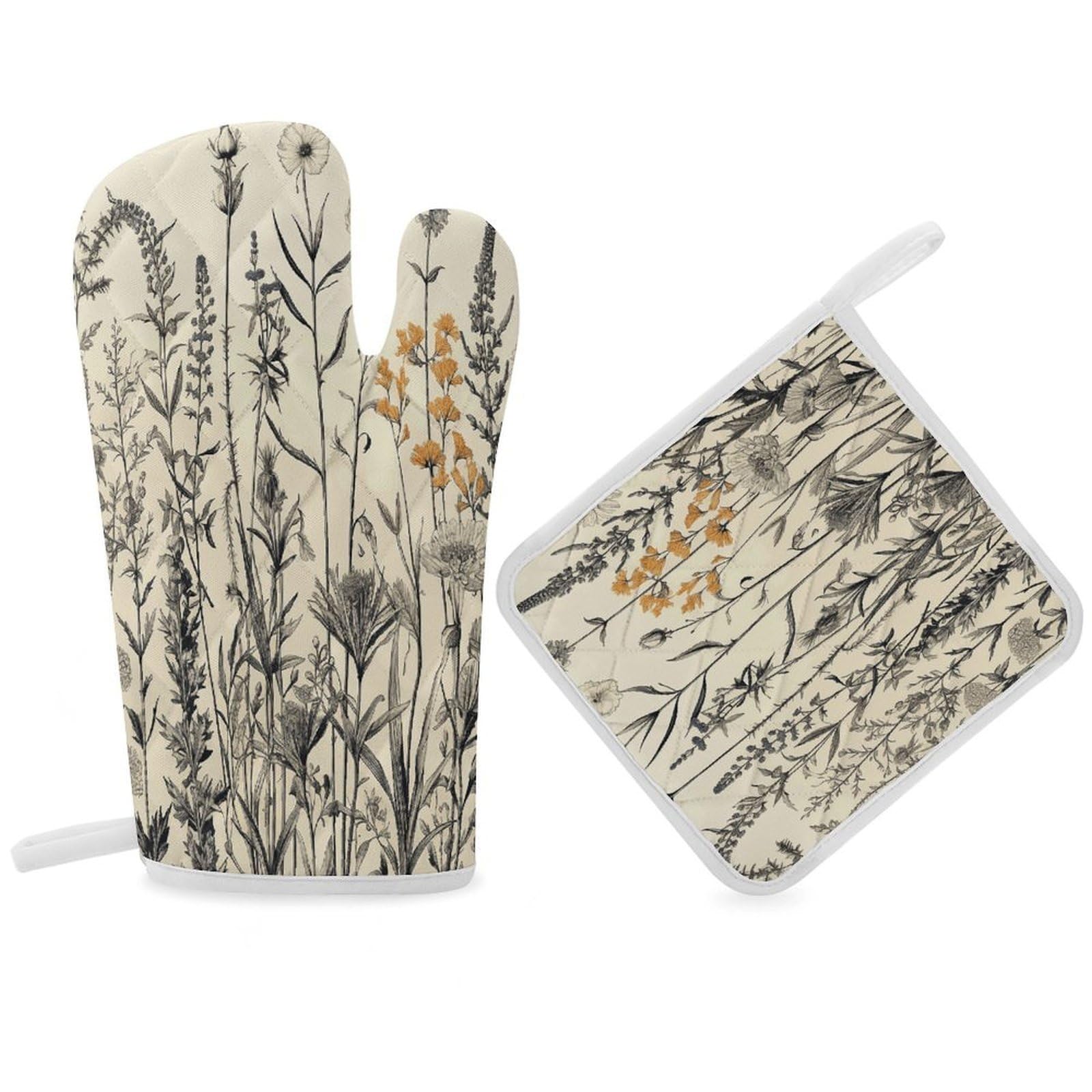 Fodpand Women's Style Floral Herbs Botanical Engraving Oven Mitts And Pot Holders Sets,Oven Gloves For Kitchen Oven Mitts And Potholders For Baking Cooking Grilling Apartment Essentials