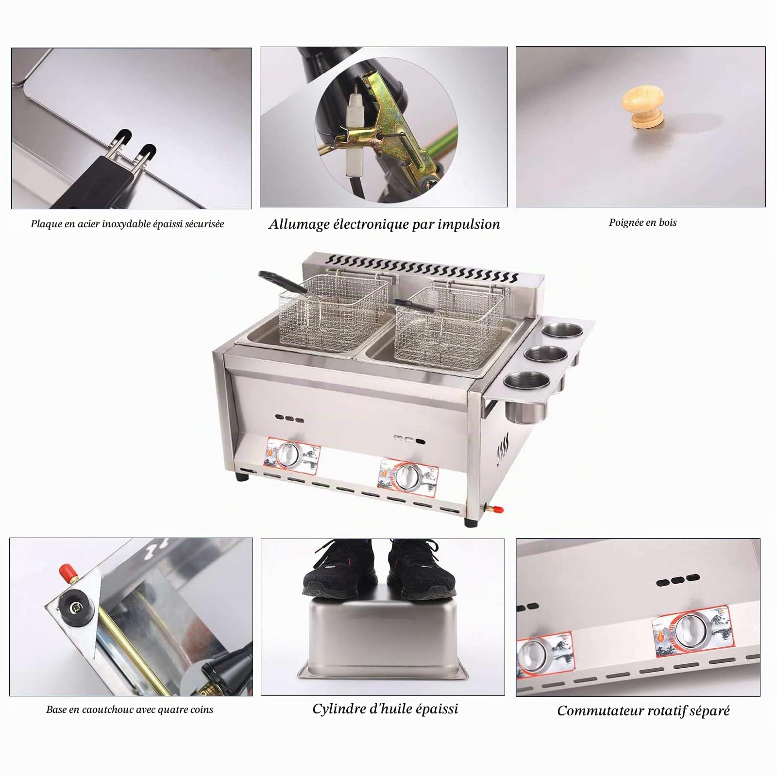 Friteuse à gaz Professionnelle GPL, Friteuse Commerciale en Acier Inoxydable avec paniers et couvercles de friteuse, Pour la cuisine commerciale et maison, Double Cylinder 2x8L