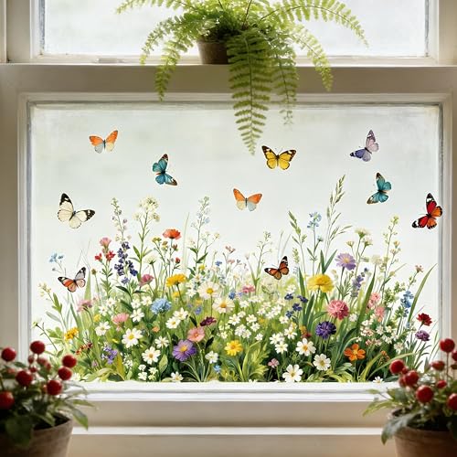 Summer Flower Window Clings Colorful Wildflower Window Stickers with Butterfly