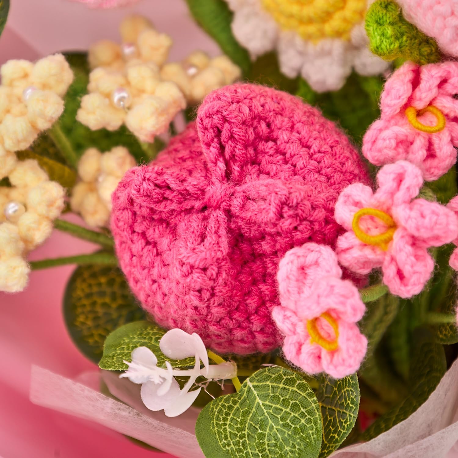 YSHomy Crochet Flowers, Crochet Flower Bouquet with Tulips, Roses & Daisy,Crochet Bouquet for Mom, Graduation Flowers, Get Well Soon Gift(Pink,Include Card)