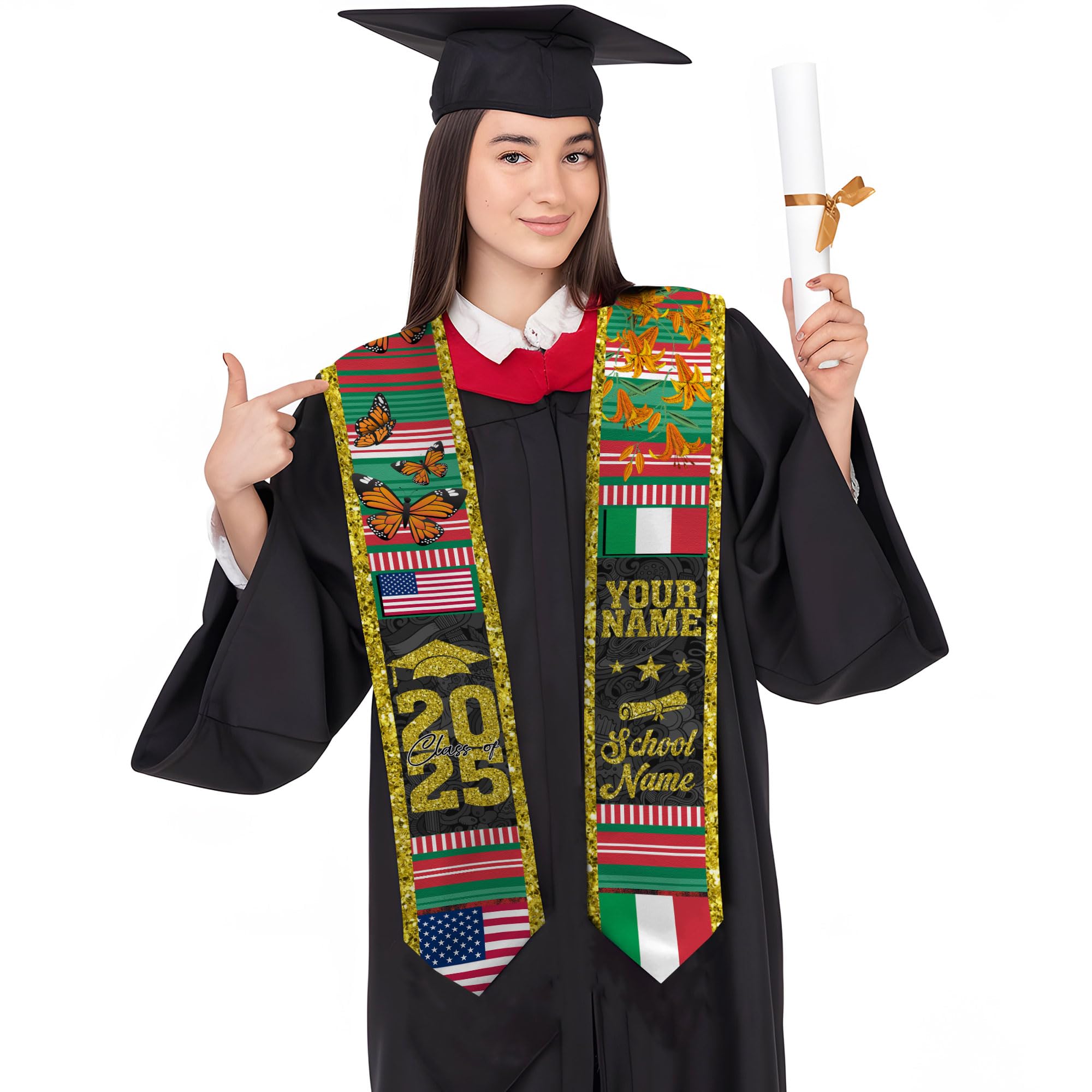 MonkeyVan Personalized Italy Flag Graduation Stole Sash 2025, Italians American Flag Graduation Sash For International Student Itl 12