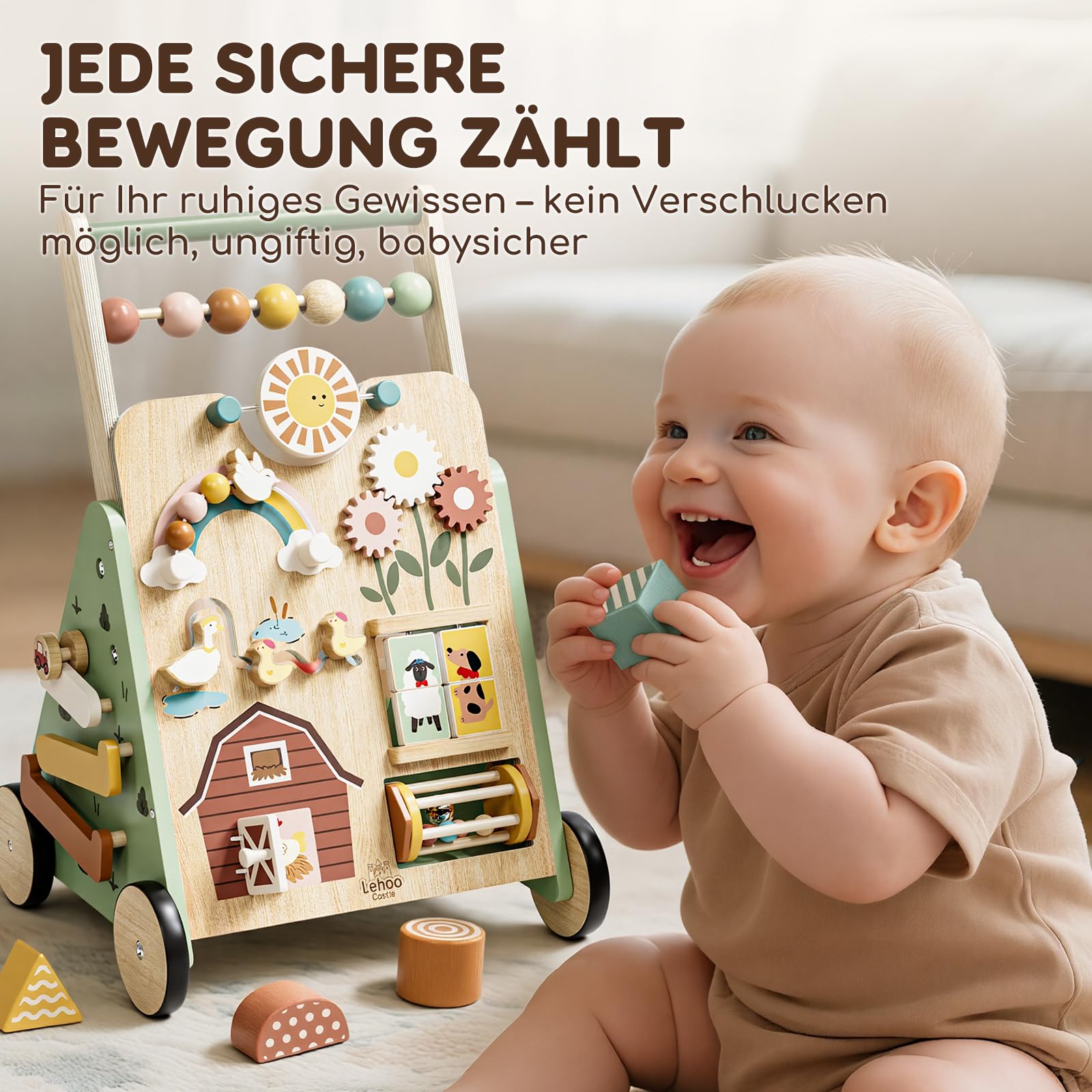 Lauflernwagen, Bauernhof Lauflernhilfe mit 10-in-1 Activity Center, Gehhilfe Baby, Lauflernwagen Holz mit Bremse, Montessori Spielzeug ab 1 jahr