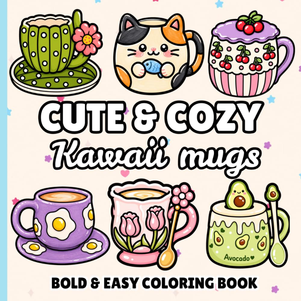 Cute and Cozy Kawaii Mugs: A Bold and Easy Coloring Book Featuring Adorable Kawaii Mugs, Cozy Teacups, Cute Animal Cups, Floral Designs, and Relaxing Pages for Stress Relief