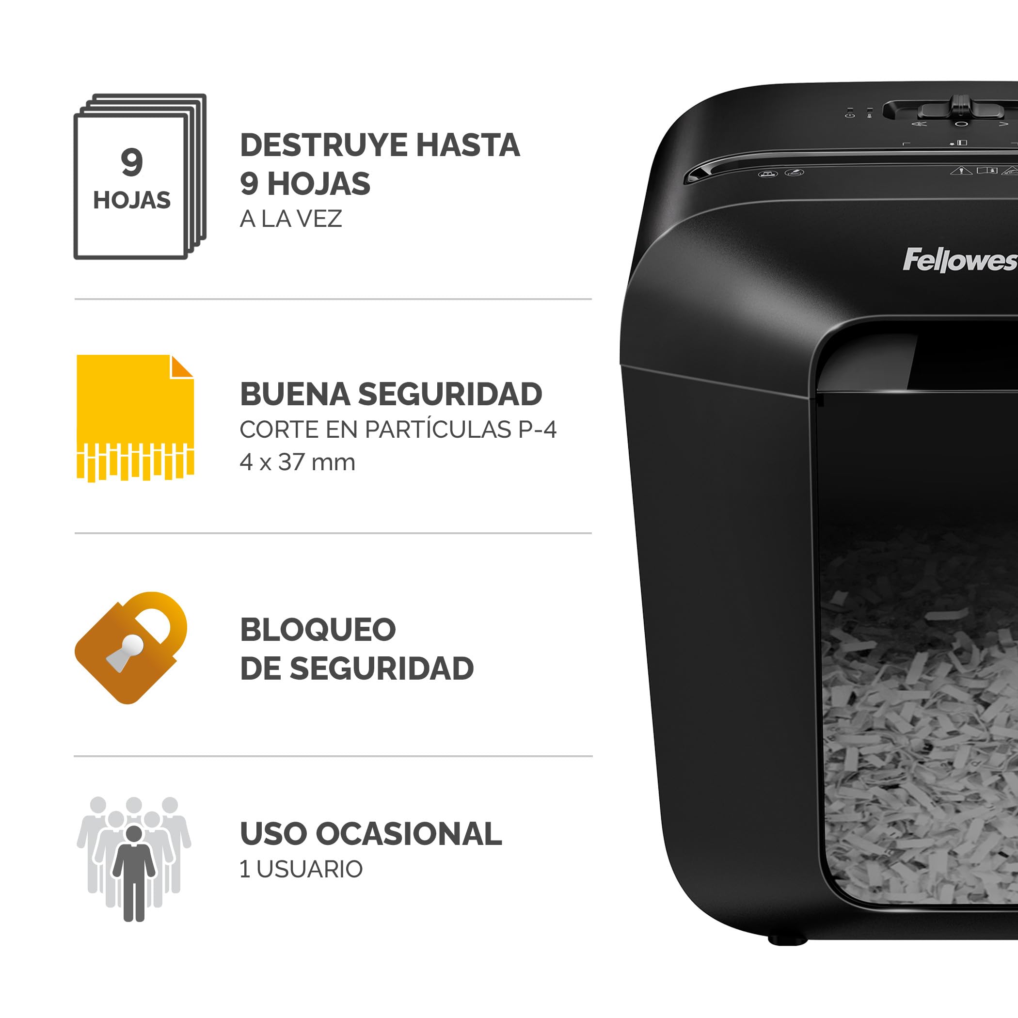 Fellowes Trituradora de Papel LX50, Corte en partículas, destruye hasta 9 Hojas, Uso Personal, con Bloqueo de Seguridad, Negro + Aceite lubricante para destructoras de papel, 355 ml