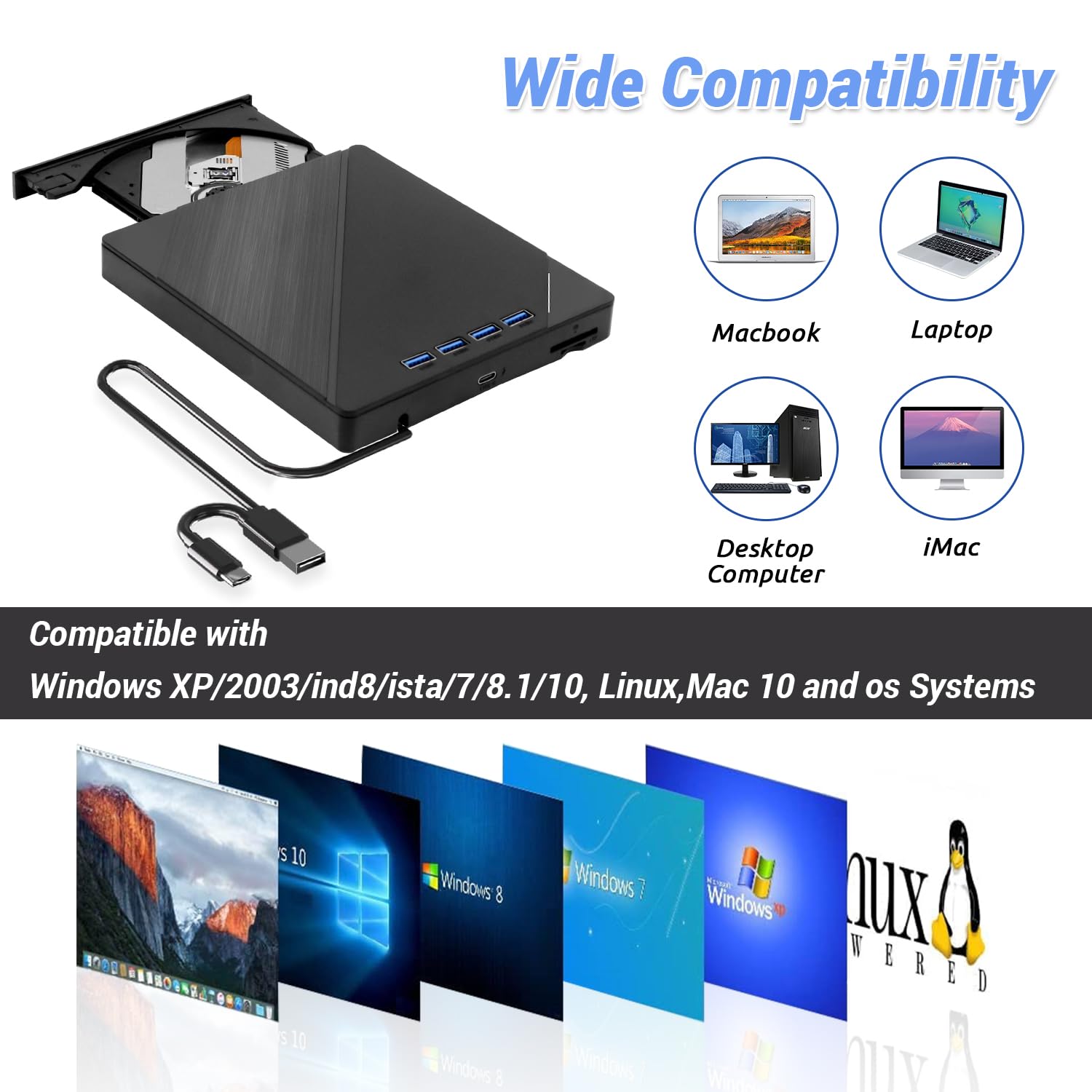 Externes Blu Ray Laufwerk für Pc - New Bluray Laufwerk Extern, Externe Blu-ray Laufwerke Blu Ray Brenner Extern USB3.0 Typ-C DVD/BD Player, Tragbares Blu Ray Recorder für Laptop PC Windows 7/8/10/11