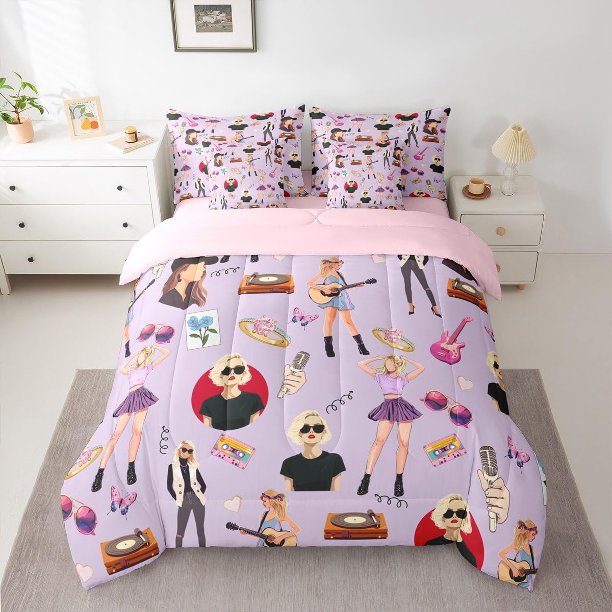Music Bedding Set Queen Size Girls Singer Bed in a Bag Gifts for Women Music Lovers Guitar Comforter Set 7 Pcs Coworker Sister Friends Bed Set with