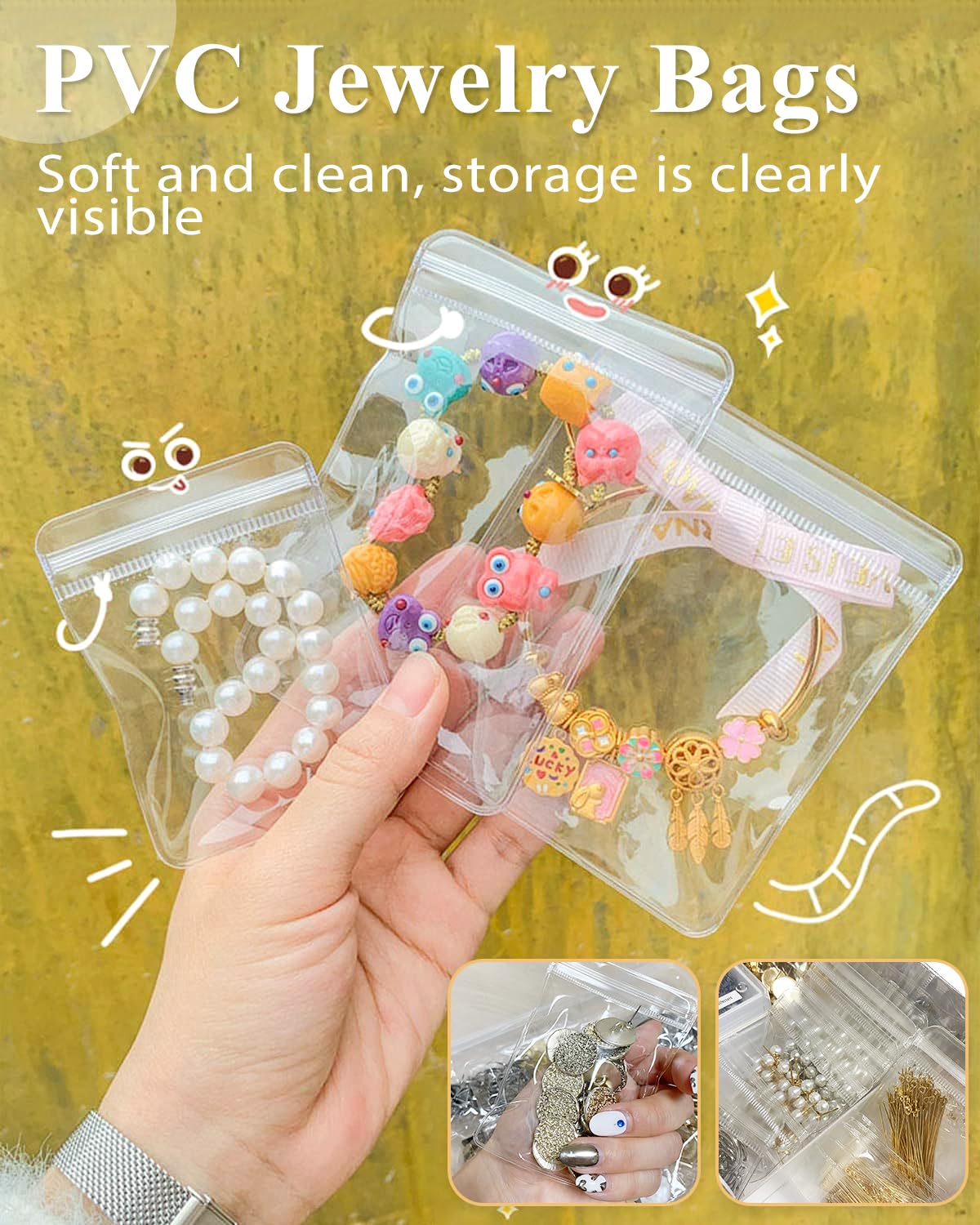 SUBGIU 50Pcs Jewelry Storage Bags Clear Large Earring Bags Clear Zippered Pouch (Jewelry Pouches, 50 Pcs large)