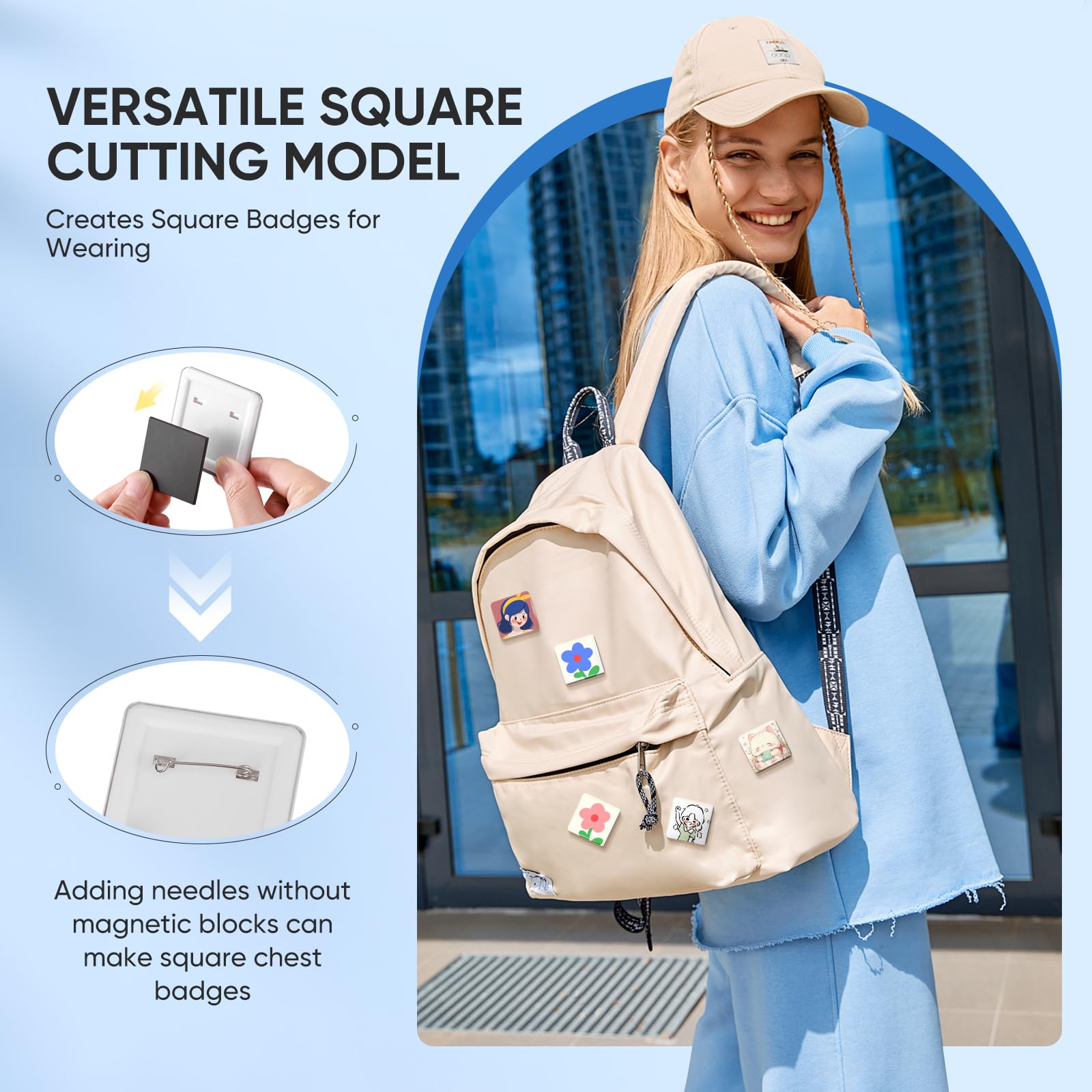 KEYSAFER Kit quadrato magnetico button maker macchina badge maker 50 mm x 50 mm con 100 set di bottoni magnetici quadrati fai da te Square Photo Badge Button Press Machine Pin Badge Maker