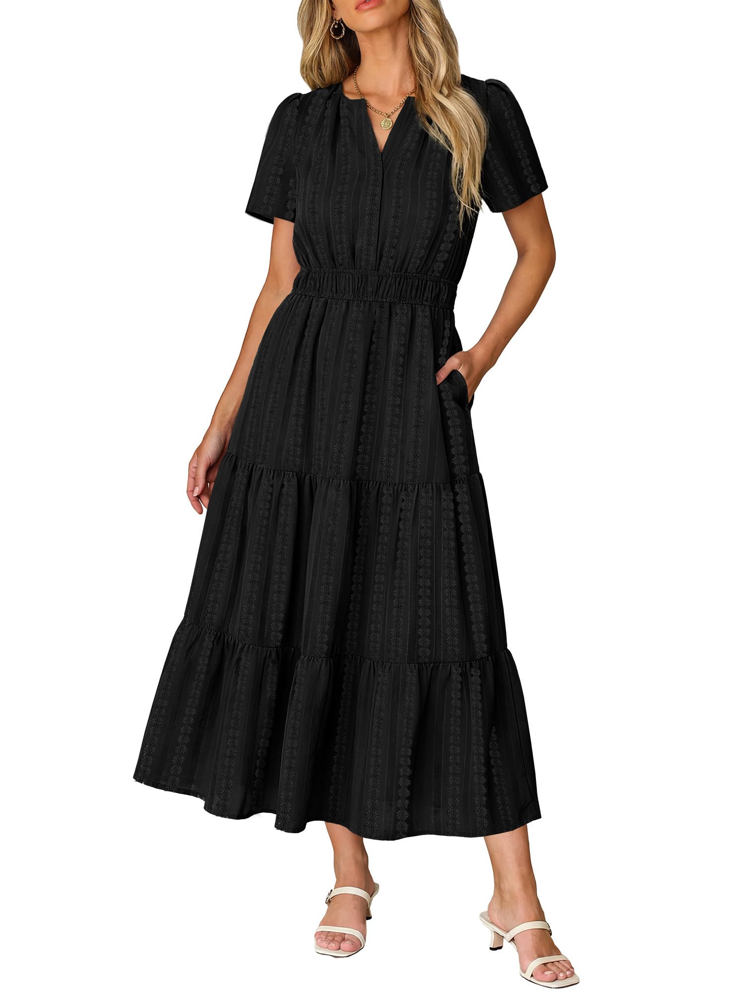 RUMIA Women Casual Midi Maxi Dresses Short Sleeve V Neck Elastic Waist Vacation Dress Pockets（S-2XL — view 16
