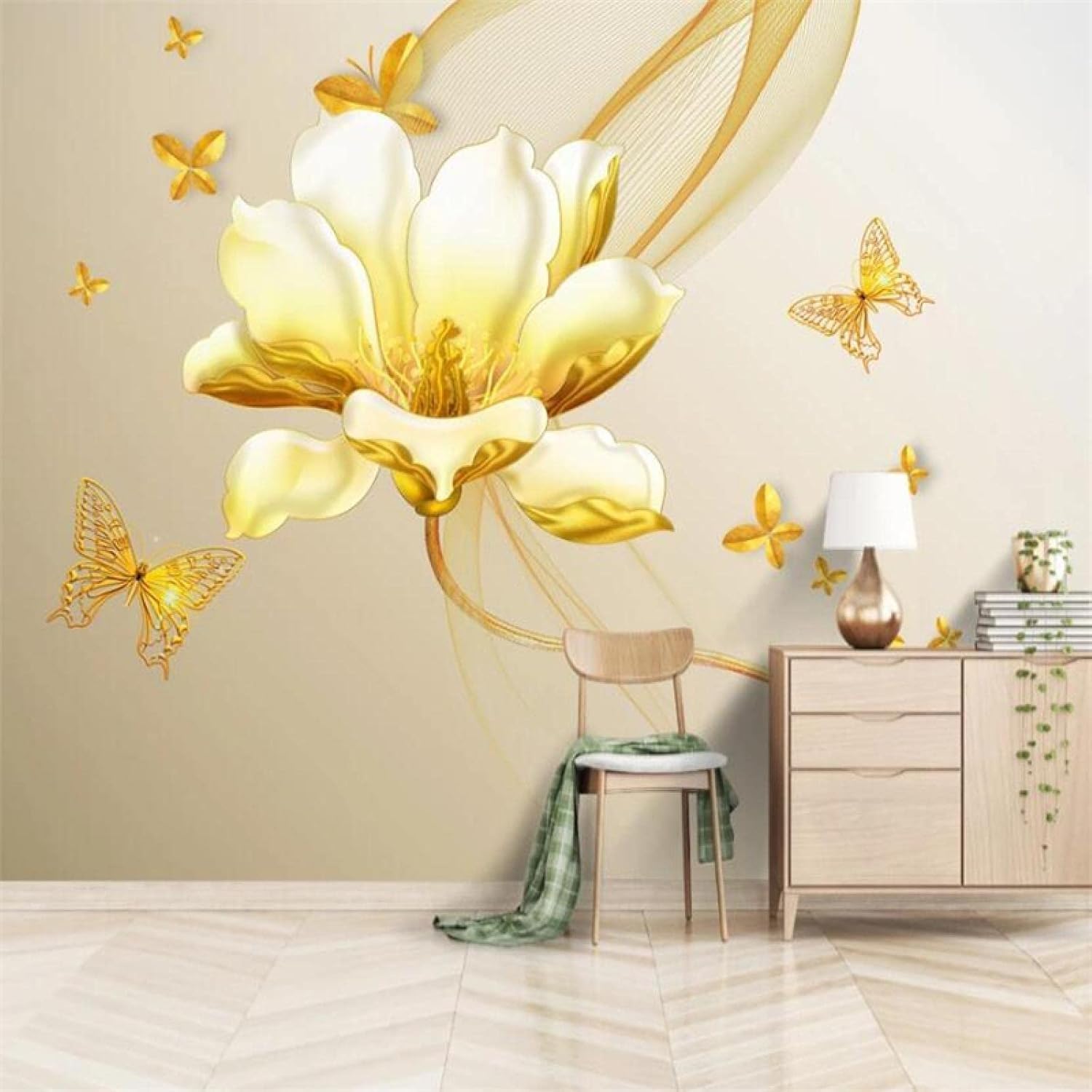 Fond mural autocollant fleurs dorées 3D paysage floral salon étude 150x105cm