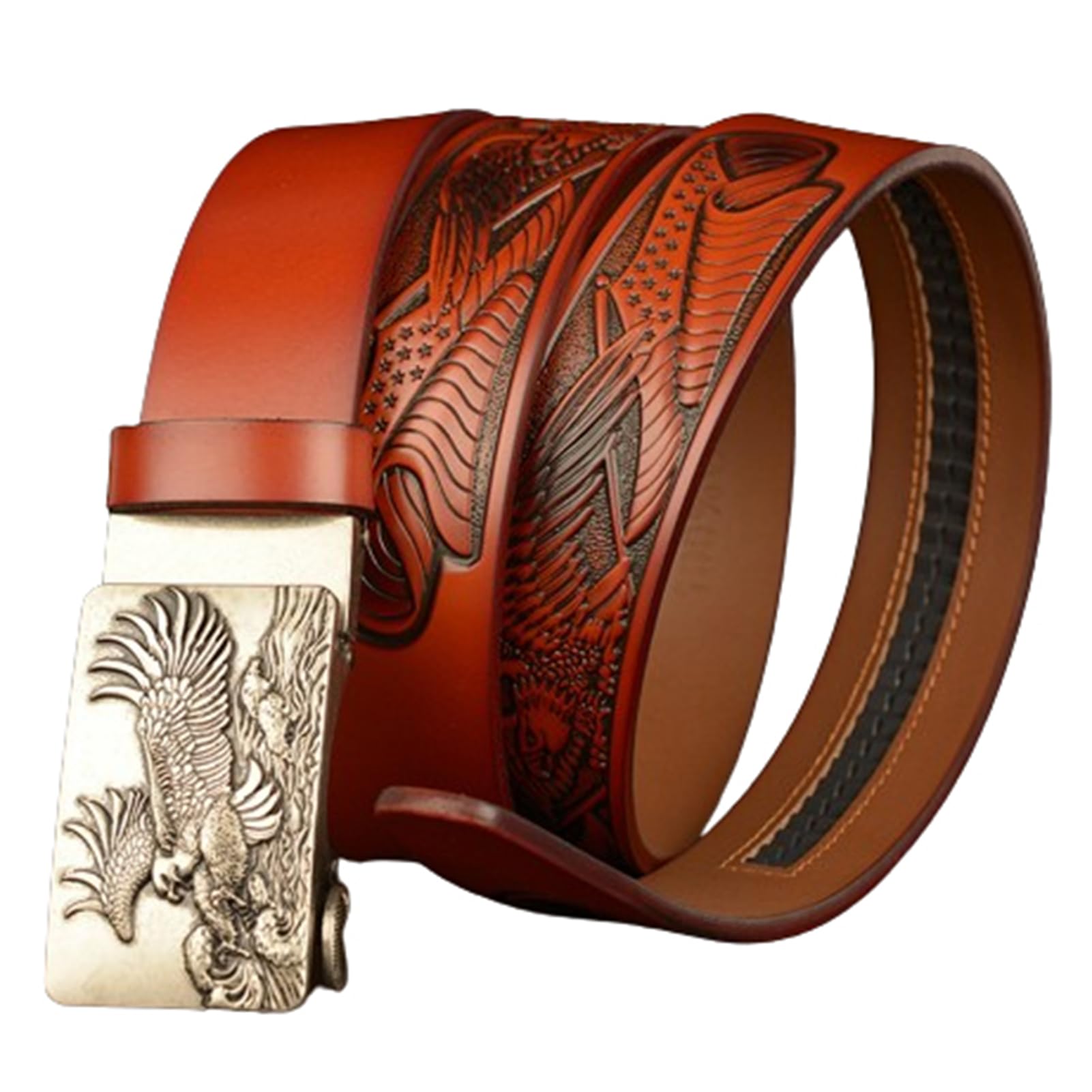 Cinturones de trinquete con hebilla de clic automática grabado Silver Eagle Sea, correa de cintura con patrón de águila deslizante microajustable