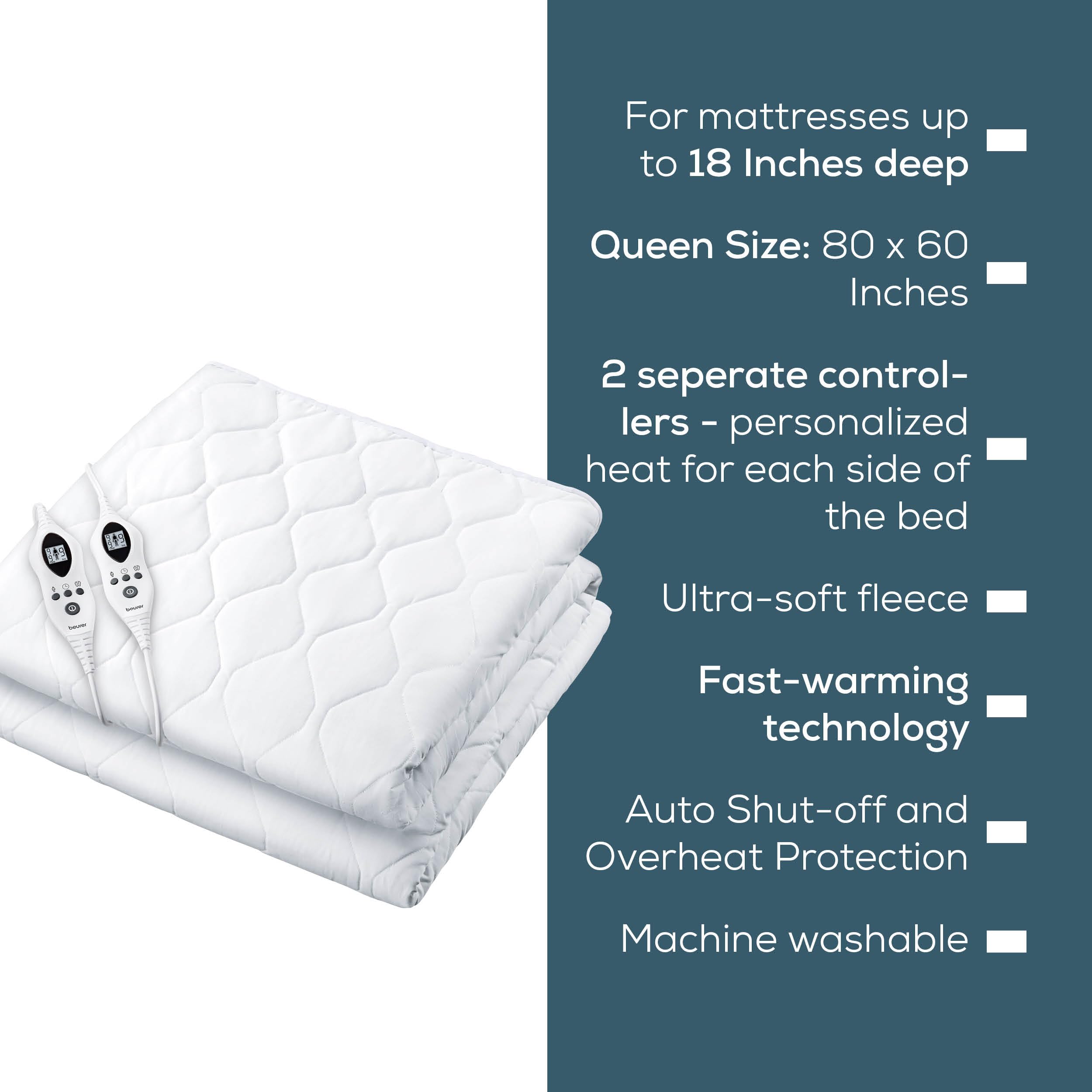 Beurer UWB70 Beheizter Matratzenschutz für Doppelbett, elektrischer Matratzenbezug mit getrennter Fuß-/Körperwärme, automatische Abschaltung, 9 Heizstufen, Schutz